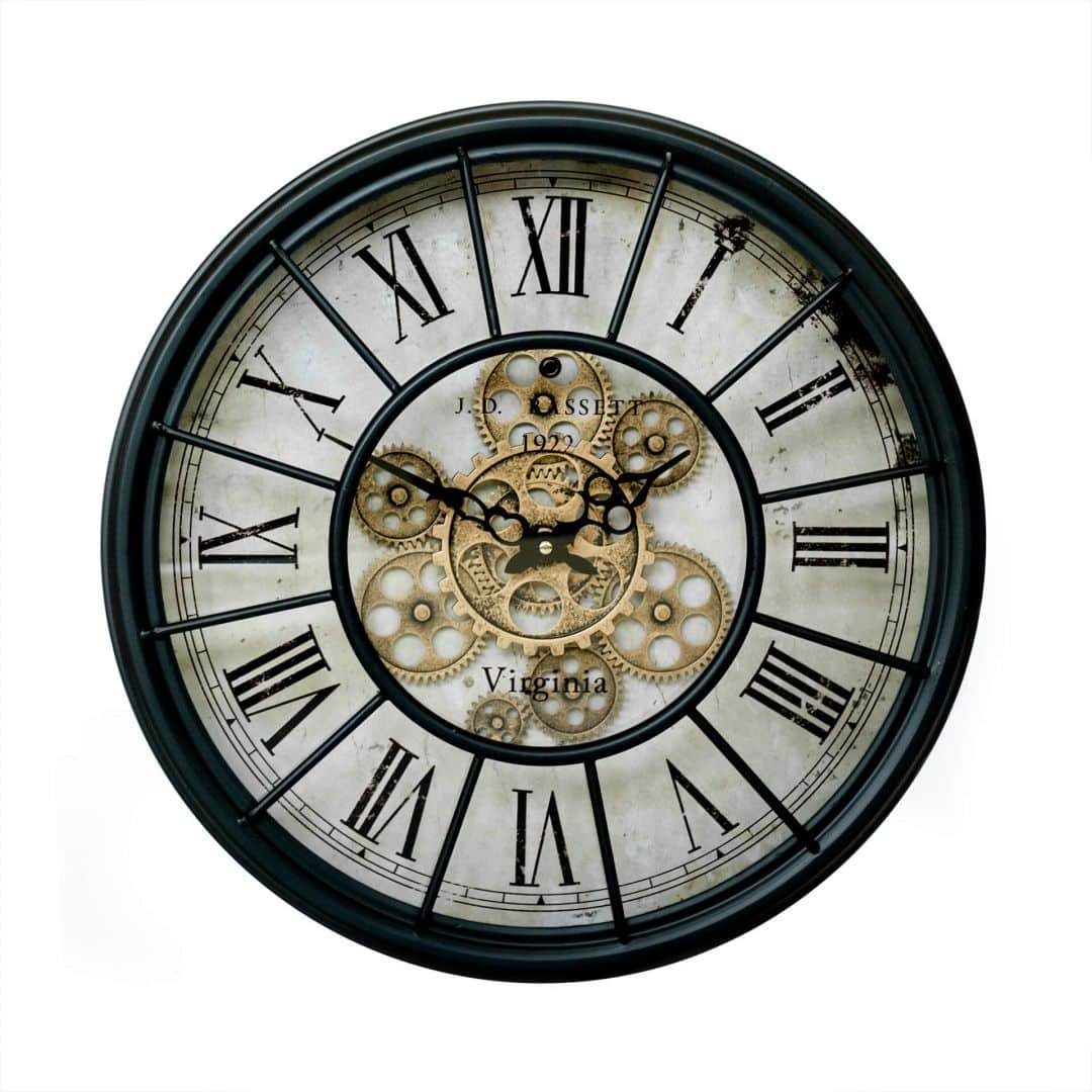 K&L Wall Art Wanduhr Metall Wanduhr 46cm groß Vintage Uhr rotierende goldene Zahnräder (Antik römische Ziffern Uhrwerk leise) Schwarz | Wanduhren