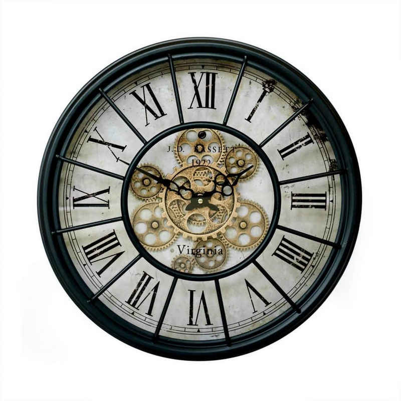 K&L Wall Art Wanduhr »Große Metall Wanduhr 46cm lautlos Vintage Uhr rotierende goldene Zahnräder« (Antik Optik Bahnhofsuhr, römische Ziffern gedruckt auf Glas, langlebiges Uhrwerk)