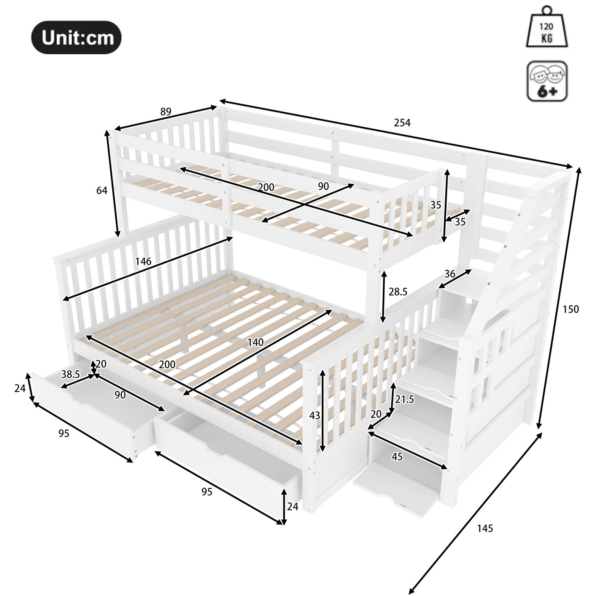 HAUSS SPOLE Bunk Bed 90/140x200 with Railing & Drawers, Youth Bed Frame with Stairs (with Storage and Drawers, Safety Rail, Multifunctional, Robust Design, 90 x 200 & 140 x 200 cm), without Mattress