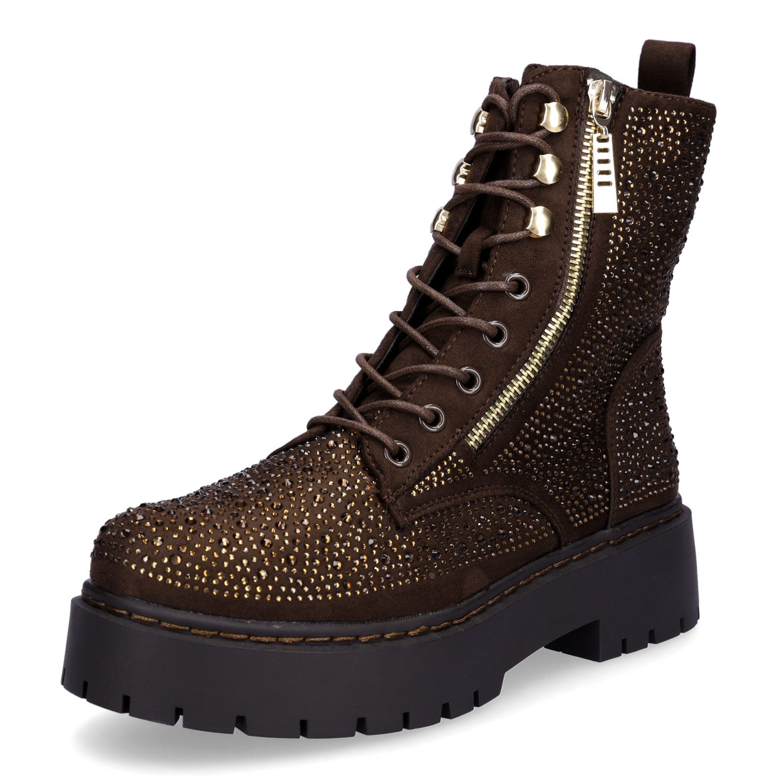 MIDS MARIELLA Damen Schnürboots mit Strassbesatz braun, Bergsteigerösen und Zierreißverschluss