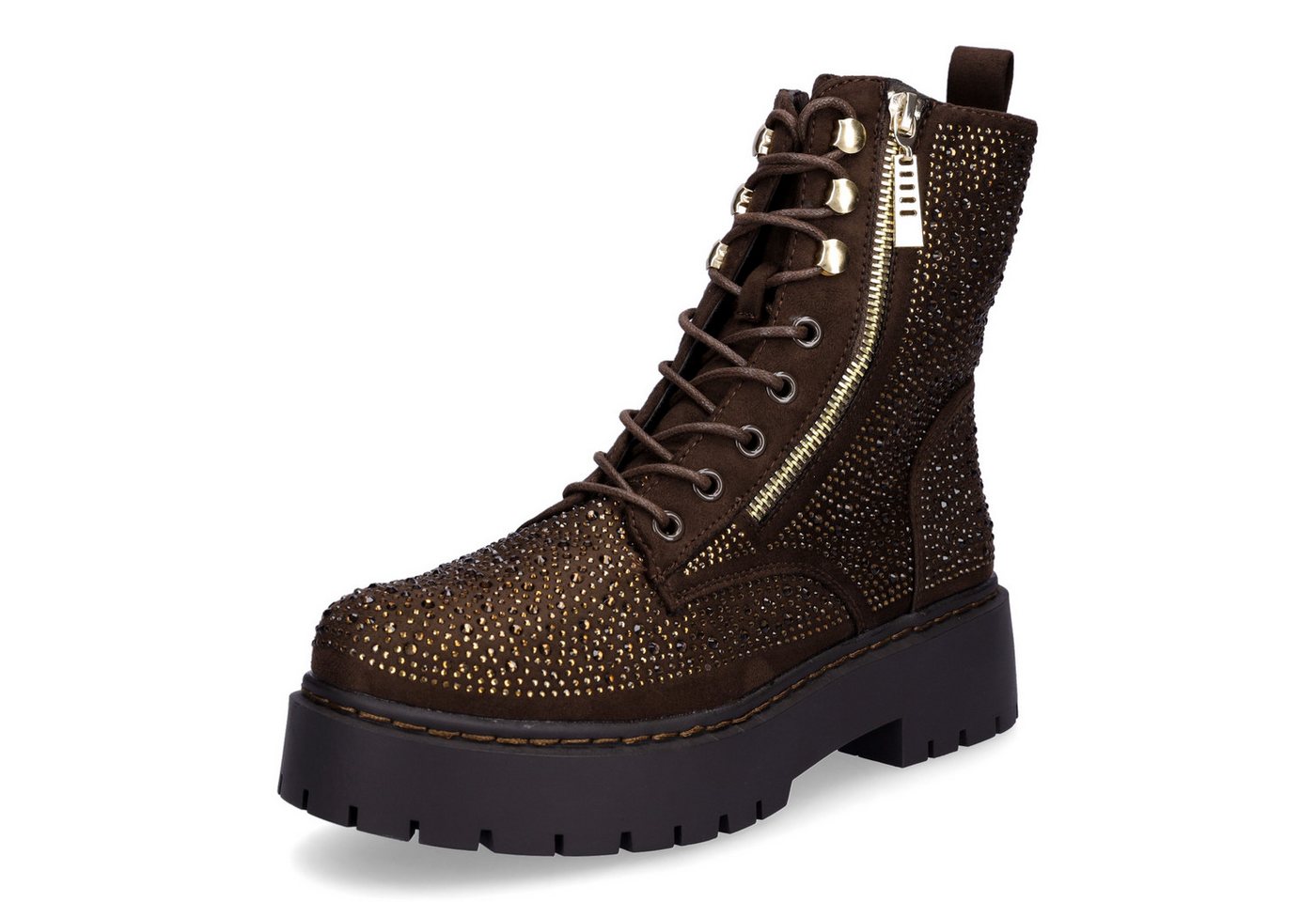 MIDS MARIELLA Damen Schnürboots mit Strassbesatz braun, Bergsteigerösen und Zierreißverschluss