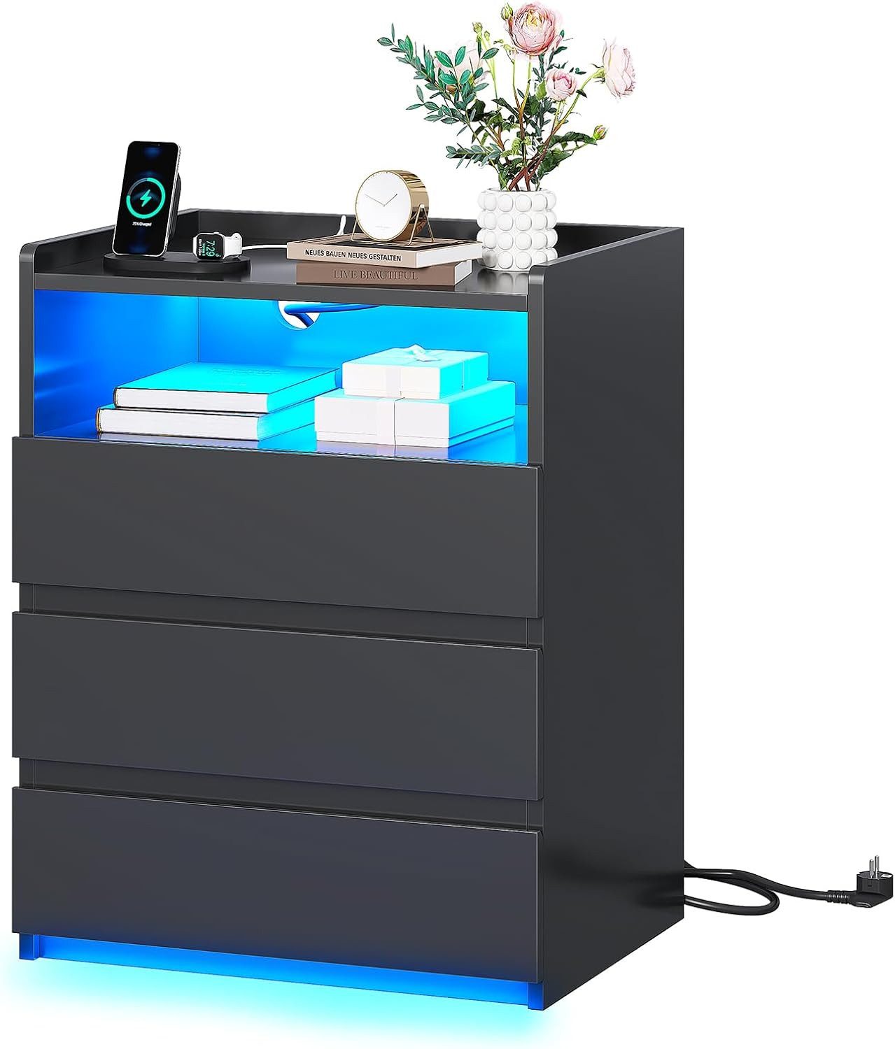 MSMASK Nachttisch mit 3 Schubladen, Steckdosenleiste und LED-Beleuchtung (1 günstig online kaufen