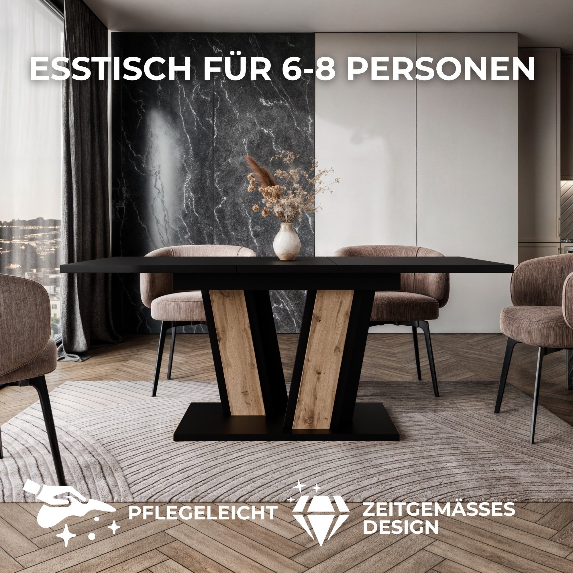 Home Collective Esstisch ausziehbar Tisch Küchentisch Esszimmertisch Ausziehtisch 120 / 140 cm (wählbar in 120-160 oder 140-180 x 80 cm Esszimmer Küche Wohnzimmer Esstisch erweiterbar), modernes Design mit Doppel-Säulengestell Schwarz