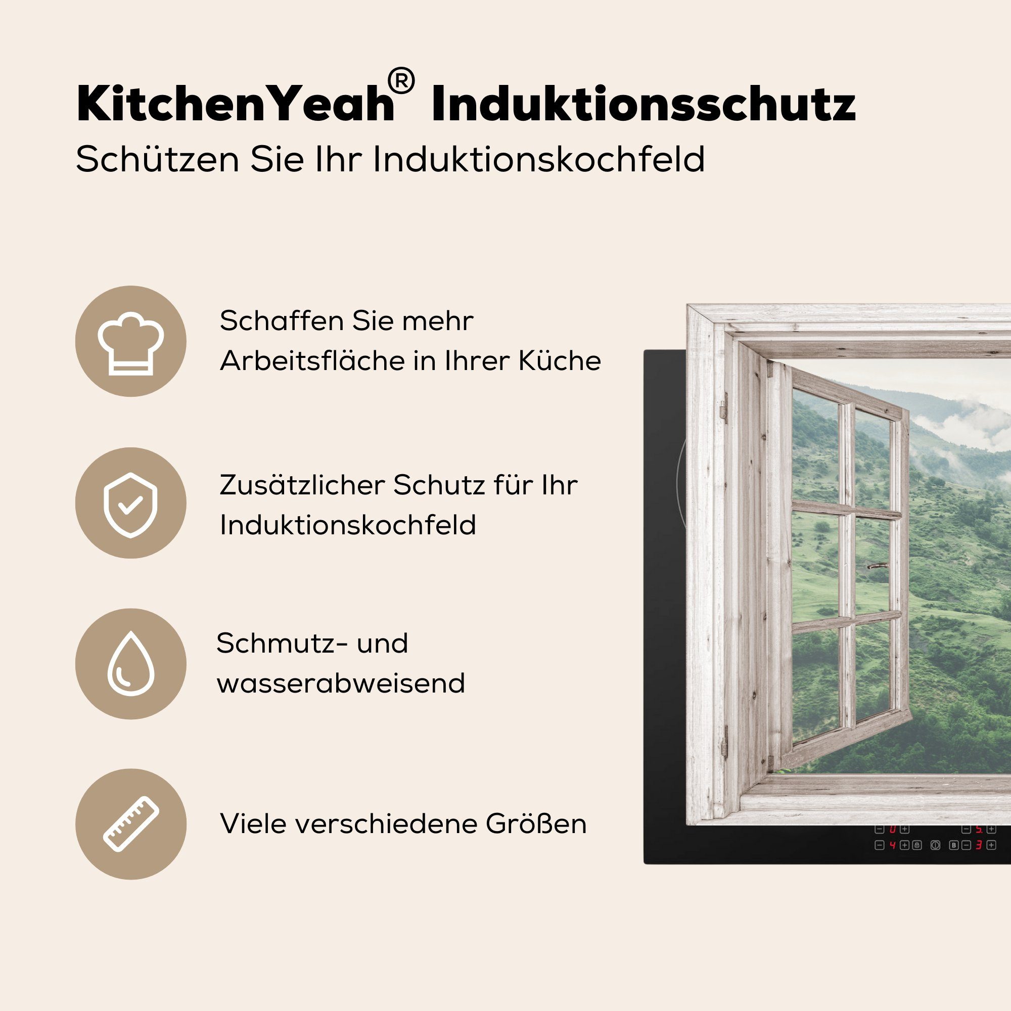küche, MuchoWow Berg Ceranfeldabdeckung Vinyl, die Herdblende-/Abdeckplatte für Aussicht Induktionskochfeld 81x52 - Schutz tlg), - cm, Holz, (1