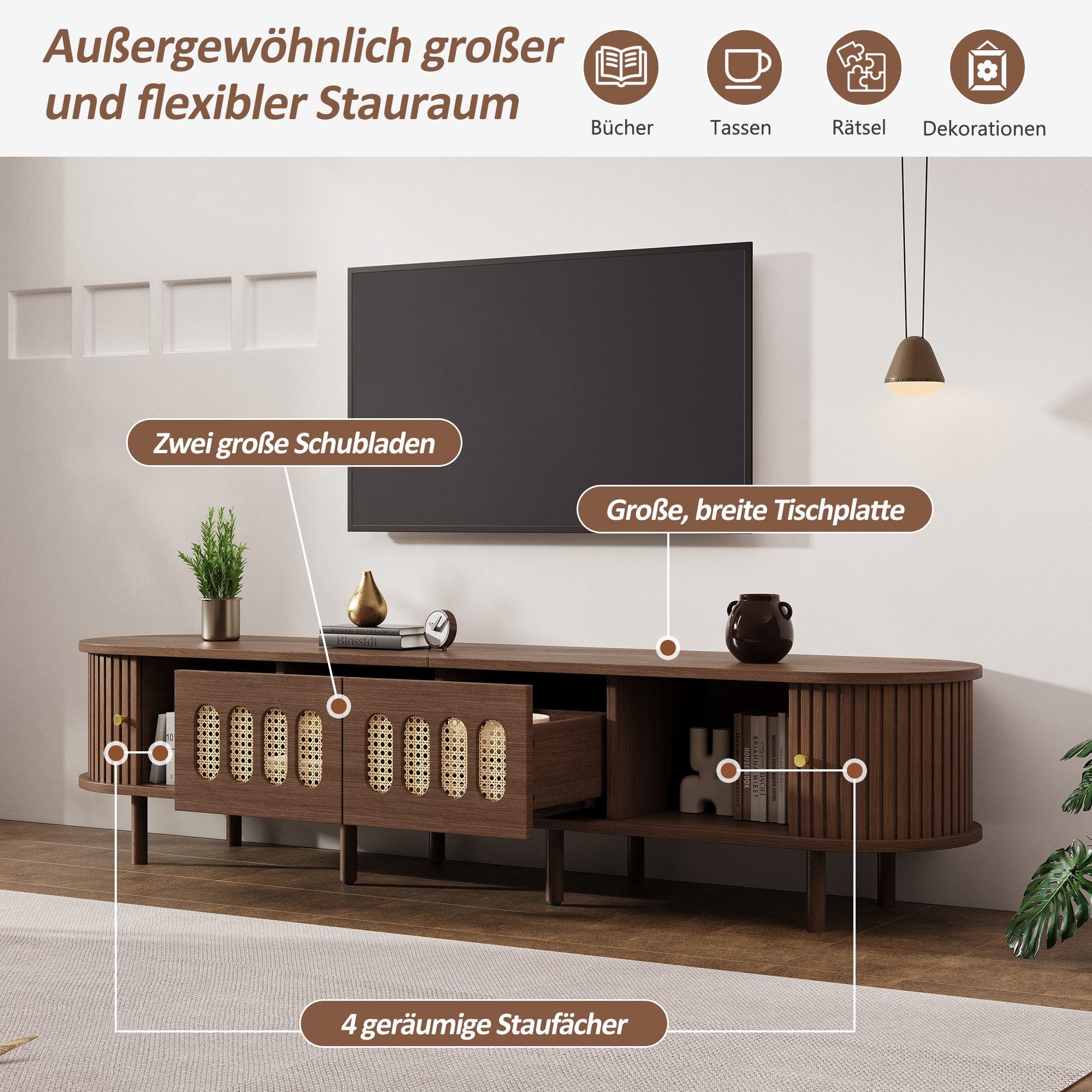 Merax Lowboard TV-Ständer mit Rattan-Design, (180×40×40cm, 1 St., Perfekt für Fernseher bis 80 Zoll), TV-Schrank mit 2 Rattan-Schubladen, 2 Rollladentüren und S – Bild 5 von 5