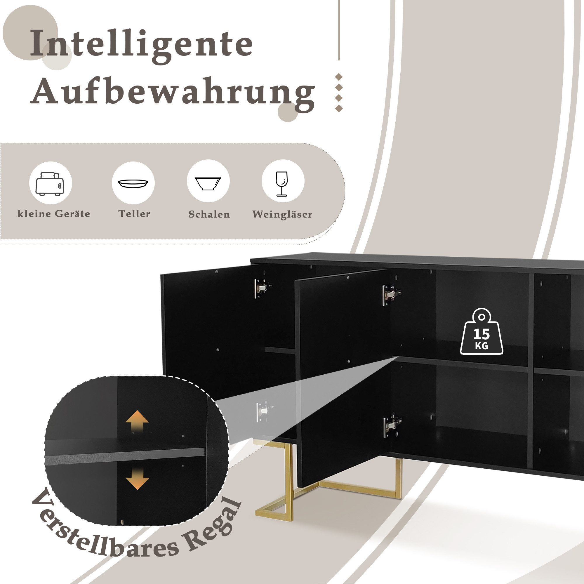 Odikalo Sideboard Modernes Sideboard mit verstellbaren Regalen,U-förmigen Schranktüren, 138 L x 40 B x 80.5H(cm) – Bild 5 von 5