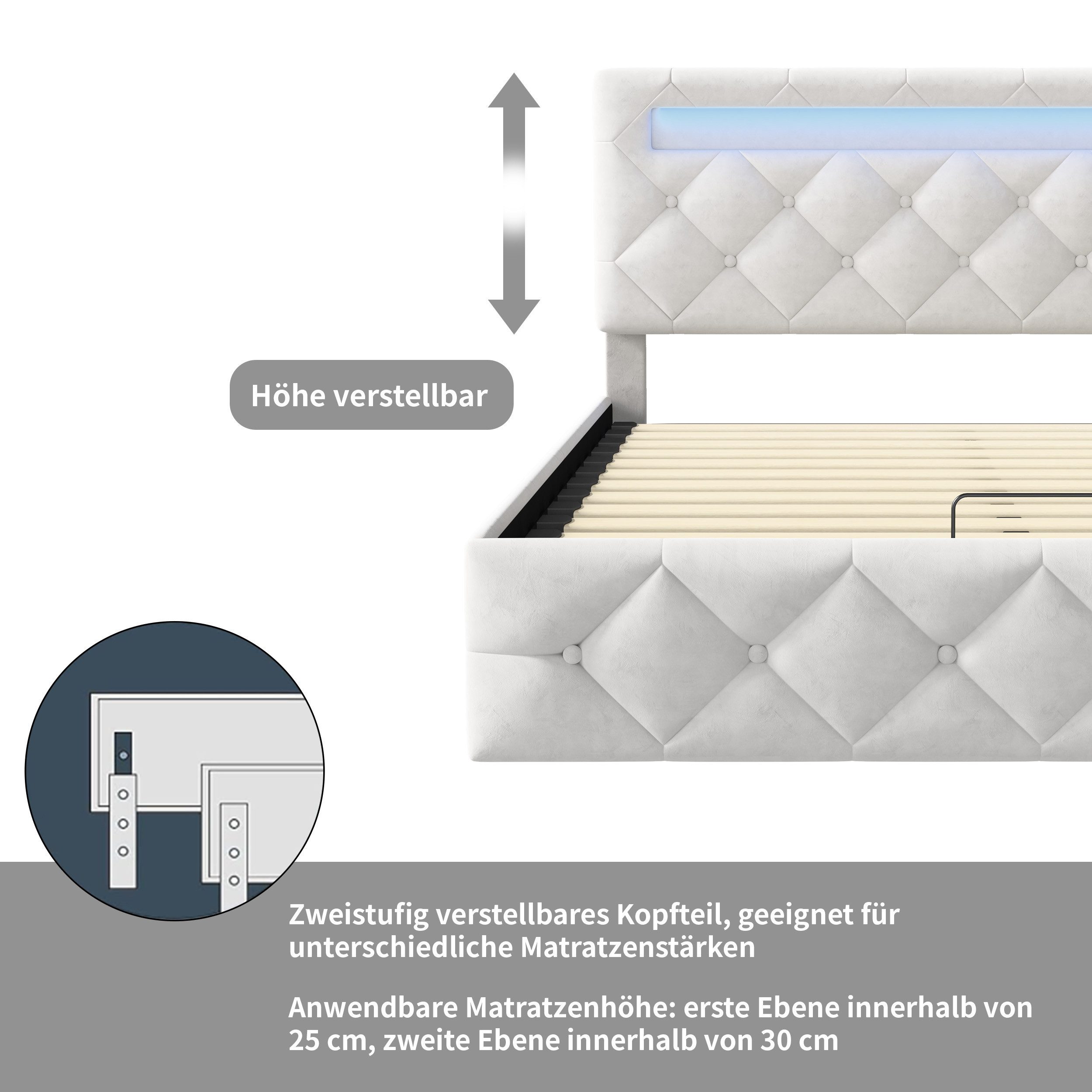 ADWOLT Polsterbett LED Hydraulisches Stauraumbett Doppelbett Samt, (Set, 1-tlg., Verstellbare Kopfteilhöhe), 160x200cm Beige