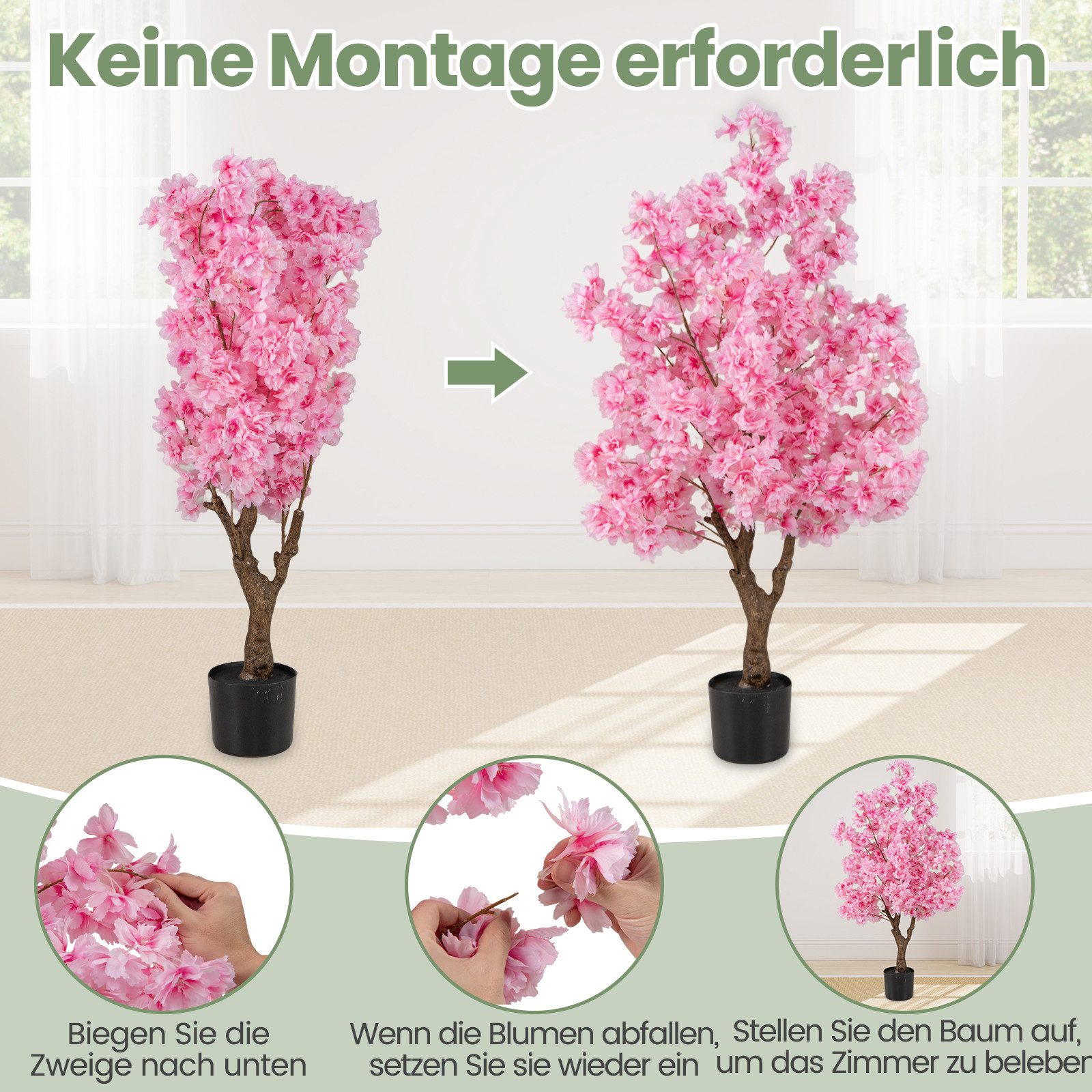 Kunstpflanze Kirschblüten, COSTWAY, Höhe 120 cm, Blumenbaum im Topf