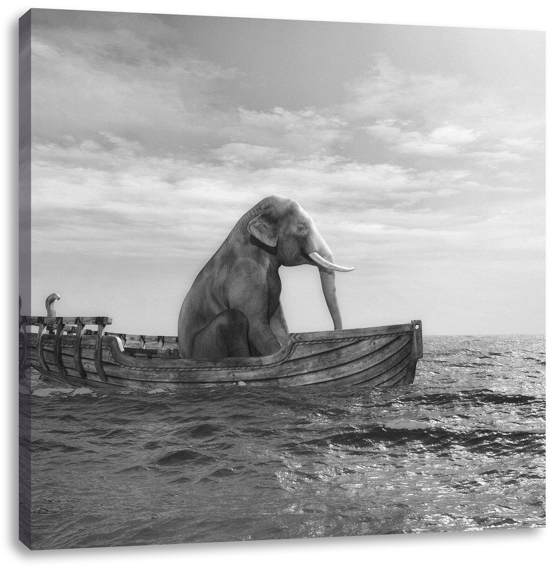 Pixxprint Leinwandbild sitzender Elefant im Boot, sitzender Elefant im Boot (1 St), Leinwandbild fertig bespannt, inkl. Zackenaufhänger