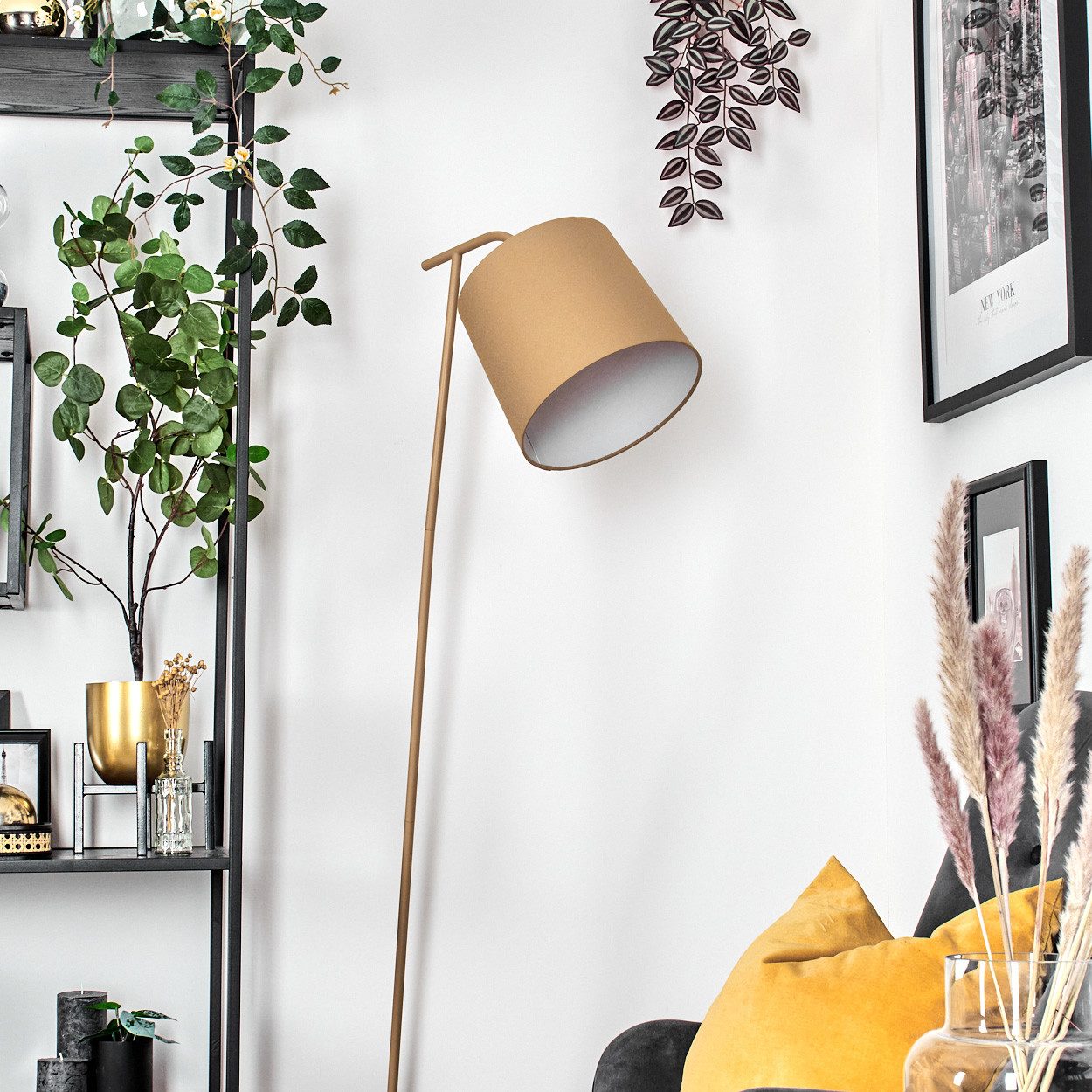 hofstein Stehlampe Stehlampe aus Metall/Stoff in Beige/Weiß, ohne Leuchtmittel, mit rundem Schirm (25 cm) u. Fußschalter, 1 x E27, ohne Leuchtmittel