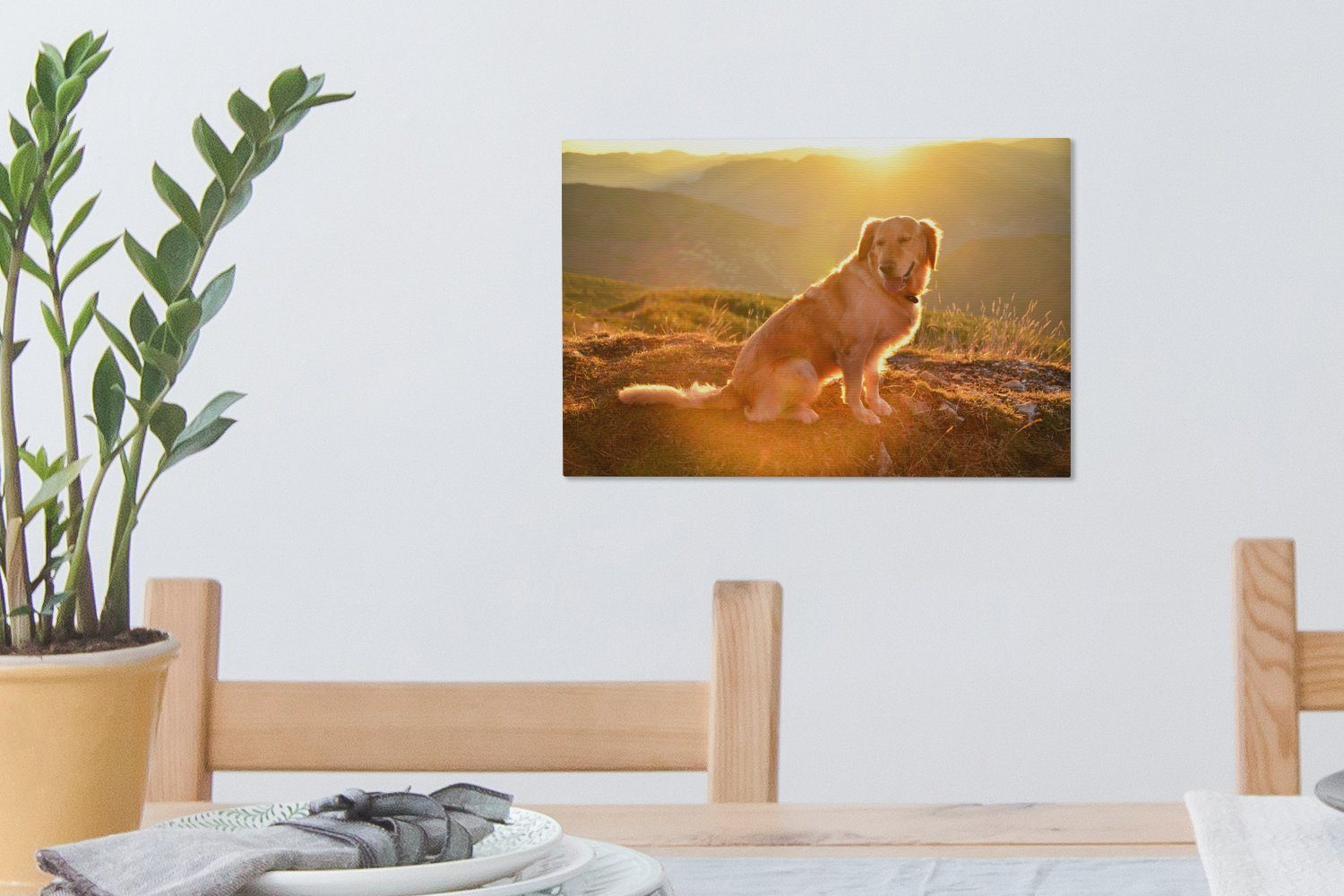 Wanddeko, Aufhängefertig, 30x20 über einem Leinwandbilder, cm St), glänzen Golden Wandbild Sonnenstrahlen OneMillionCanvasses® Retriever, (1 Leinwandbild