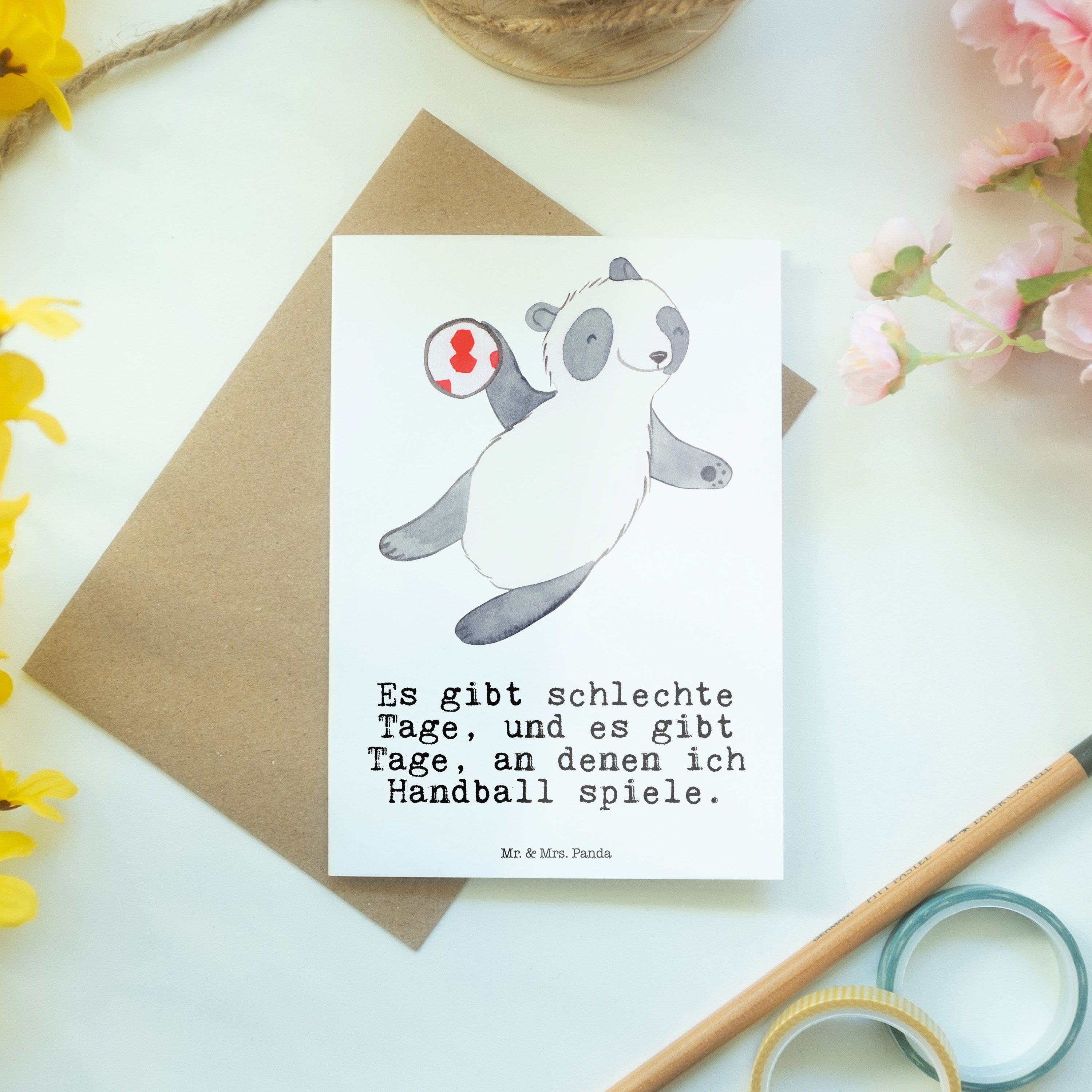 Mr. & Mrs. Panda Grußkarte Tage - Weiß Geschenk, - Handball Panda Klap spielen Turnier, Handball