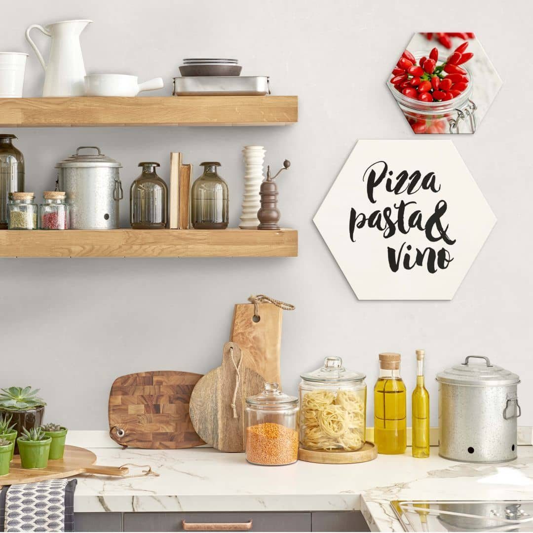 K&L Wall Art Alu-Dibond-Druck Alu-Dibond Poster Pizza Pasta Vino Küche Retro Deko Buchstaben, Aluminium Wandbild modern