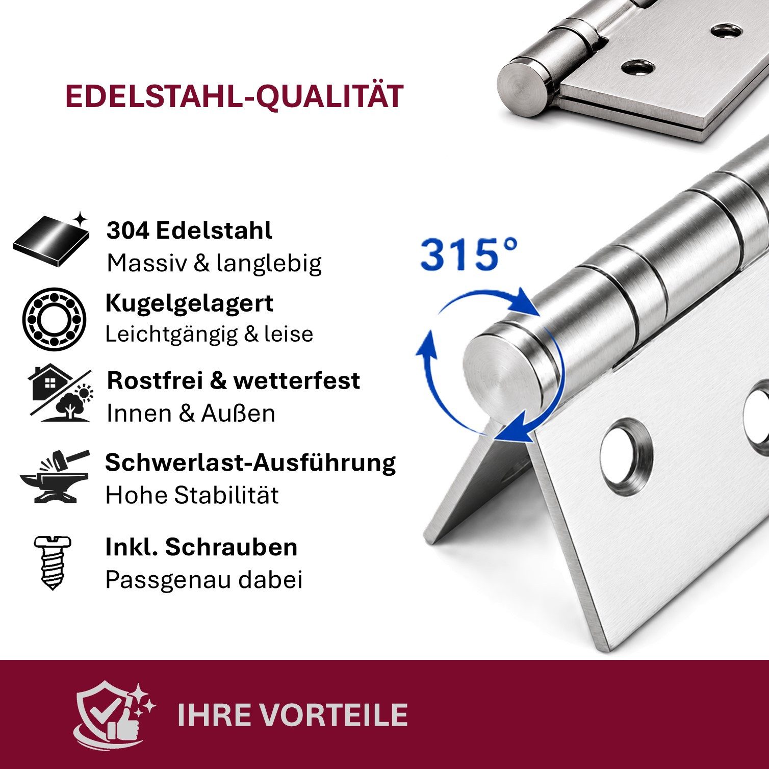 HOOZ Türbeschlag Scharniere Klappbar 304 Edelstahl 98mm – Kugelgelagert – 4er Set (Set, 4 St., 4 Scharniere inkl. Edelstahlschrauben), 315° Öffnungswinkel, Schwerlast-Ausführung, rostfrei, inkl. Schrauben