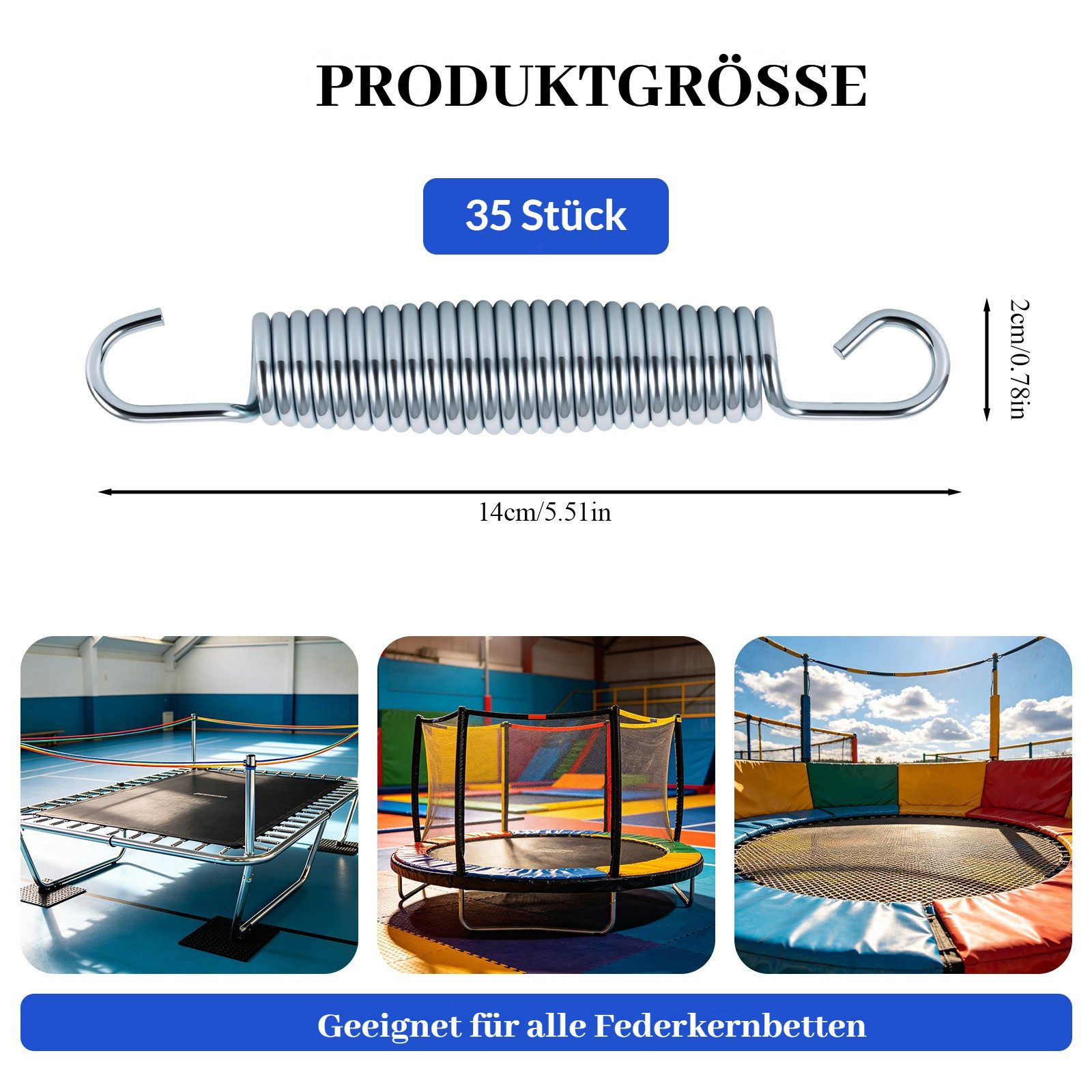 BlingBin Trampolinsprungfeder 35 Stück verzinkte Stahl-Ersatzfedern für Trampoline,robustes Federset (35er Set, 35 St., Gesamtlänge 14 cm, Federlänge 9,3 cm Stahldrahtdurchmesser 3,2 mm), Trampolinzubehör für alle gängigen Gartentrampoline zum Springen