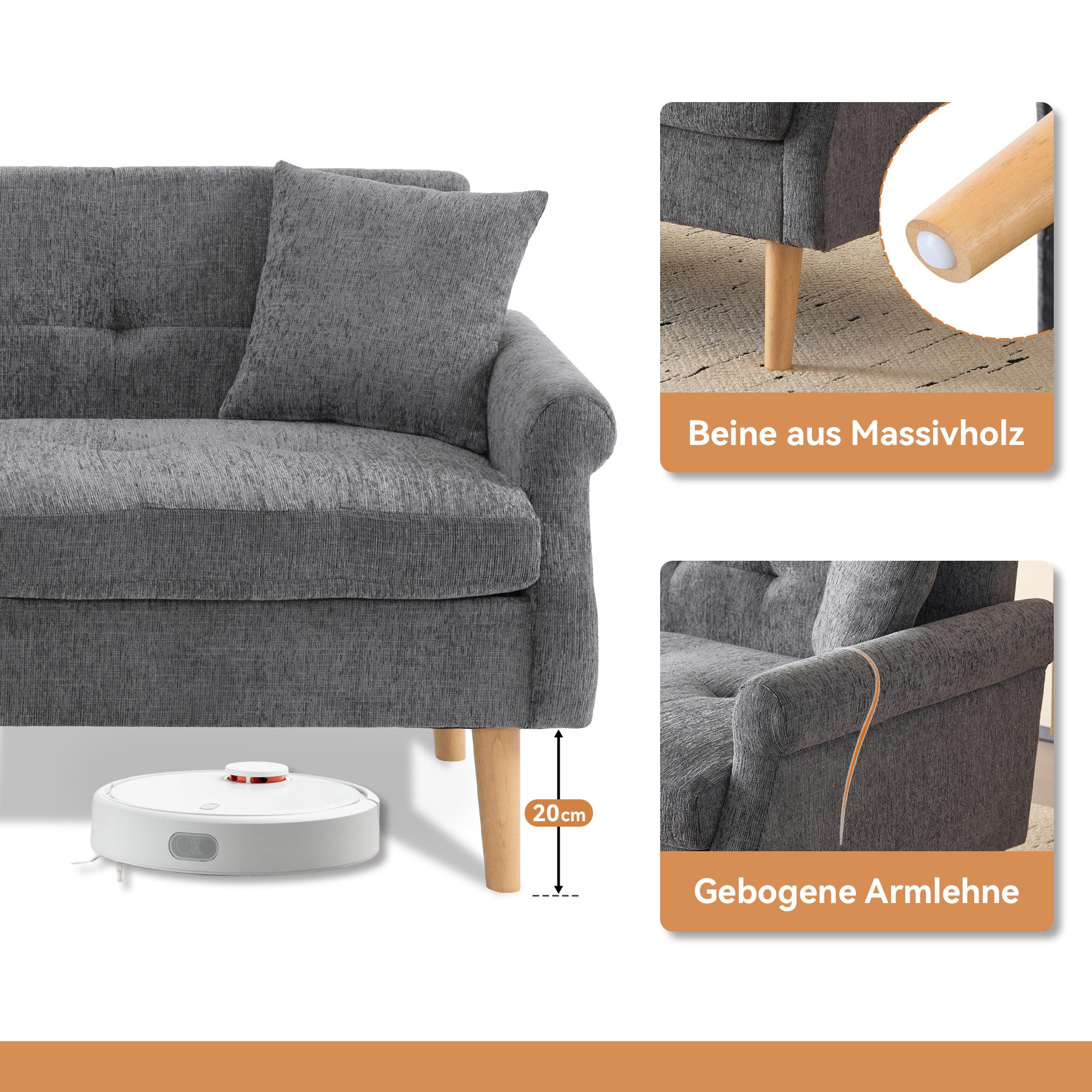 Merax 2-Sitzer Doppelsofa mit dicken Kissen, Holzbeinen und Armlehne, 162x74x77 cm, Polstersofa Sofa aus Chenille-Stoff für Wohnzimmer/Schlafzimmer – Bild 4 von 5