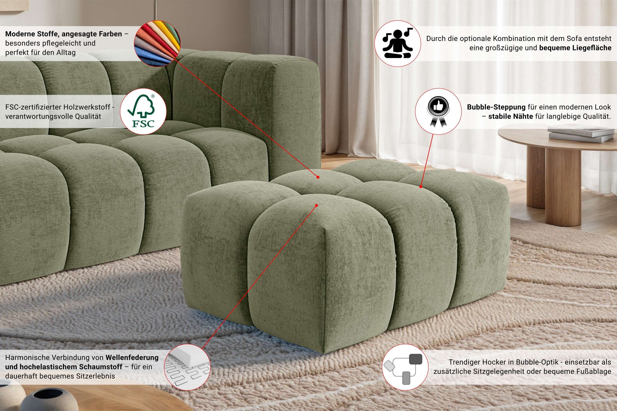 homsy by Ana Johnson Polsterhocker BOUBELLE Sitzhocker mit Steppung, Bubble-Optik, Maße B/T/H: 97/67/42cm, erstklassige Verarbeitung, hoher Sitzkomfort und modernes Design