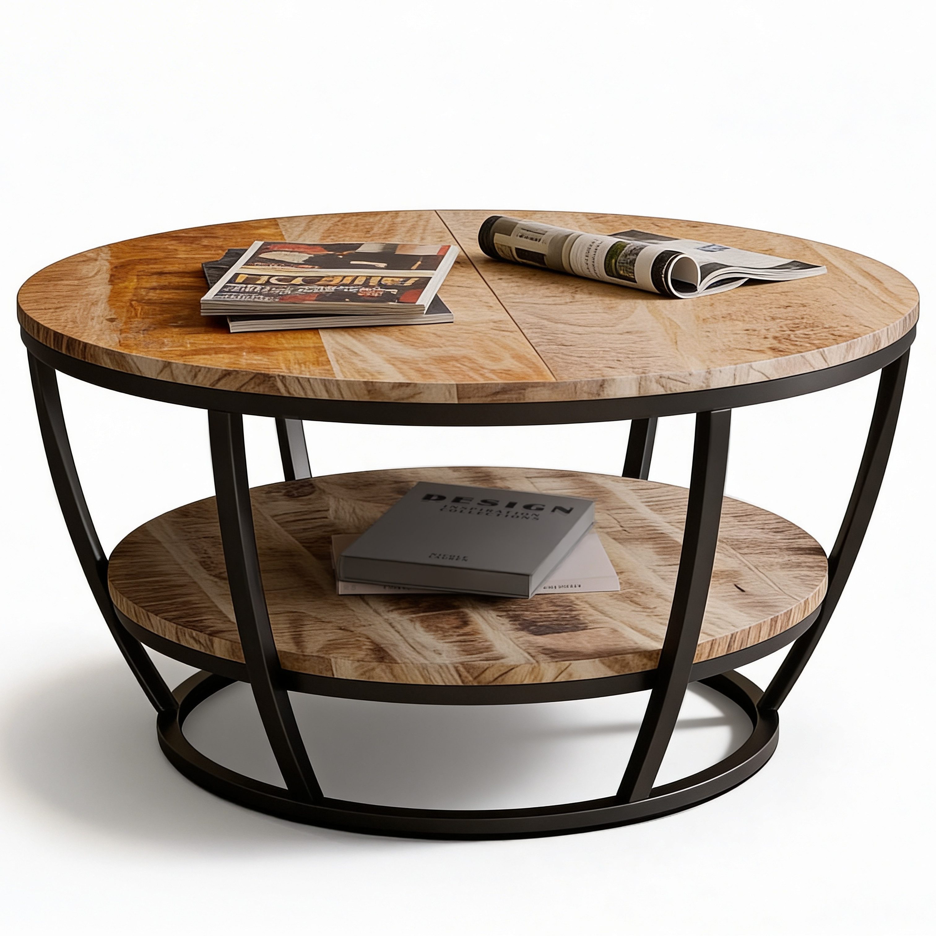 Liadomo Couchtisch Gianna, runde Platte Mangoholz massiv, Metallgestell schwarz, mit Ablage