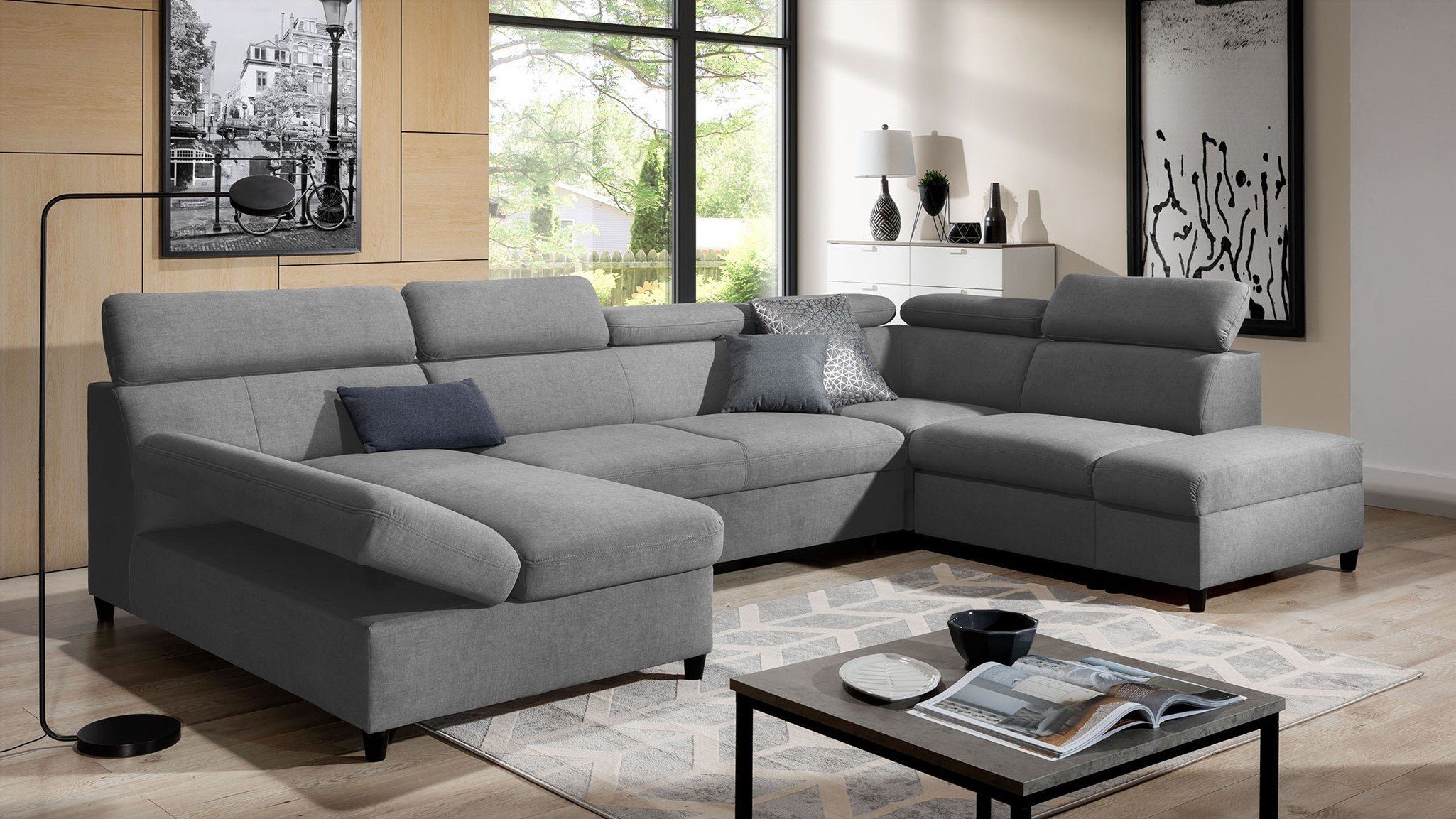 Fun Möbel Wohnlandschaft Schlafsofa Sofa ANTON in Stoff Esito, Inkl. 3 x Bettkasten und Schlaffunktion, Rundumbezug