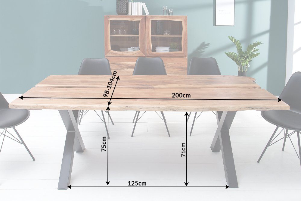 Tischplatte 200cm Baumkantentisch · natur schwarz 4cm · Esszimmer X-Gestell riess-ambiente Akazie AMAZONAS 1-St), · (Einzelartikel, Massivholz Metall · / ·