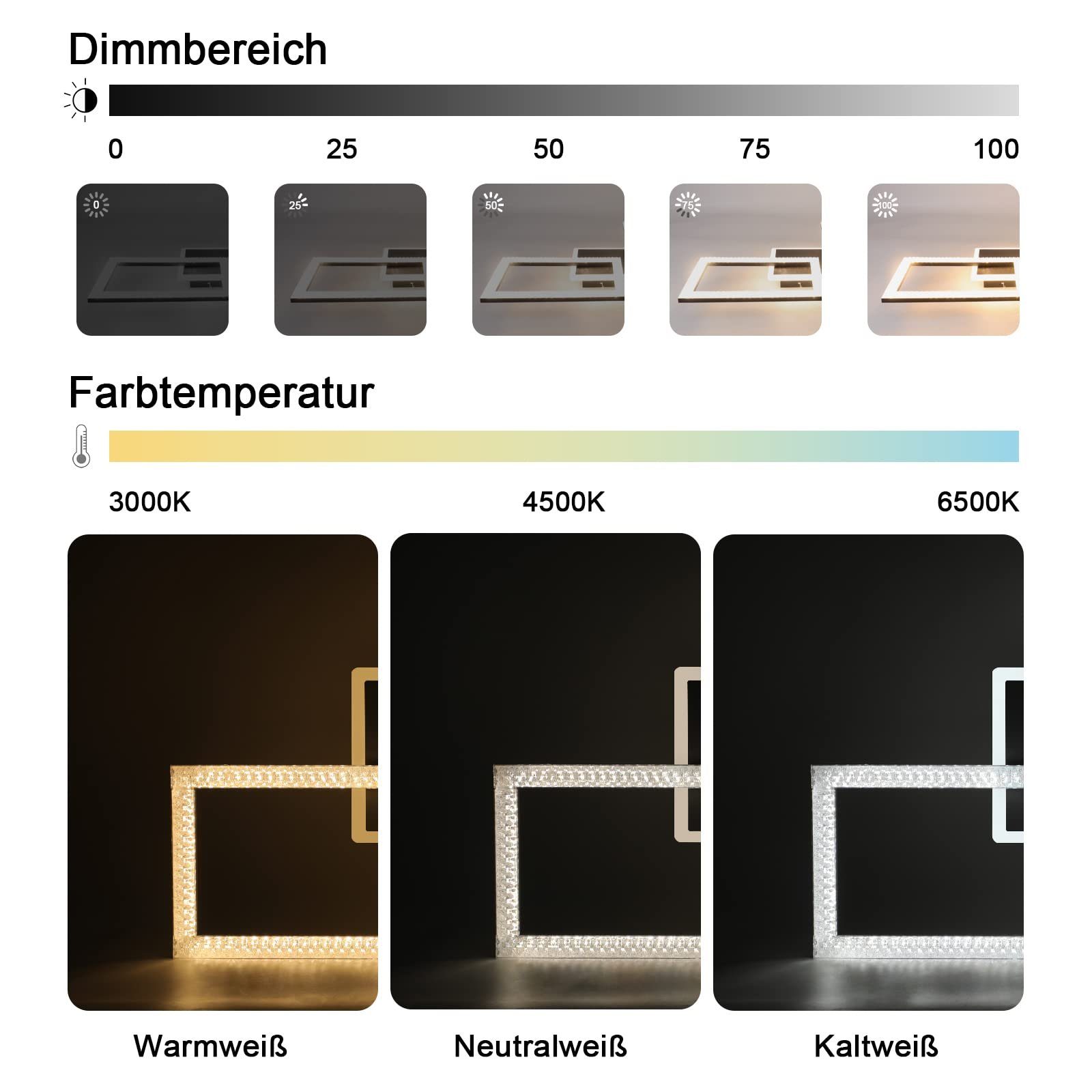 Schwarz 57*48cm, Modern fest für ZMH Kristall LED integriert, warmweiß-kaltweiß, Schlafzimmer LEDs Drei Dimmbar, LED Deckenleuchte Rechtecken