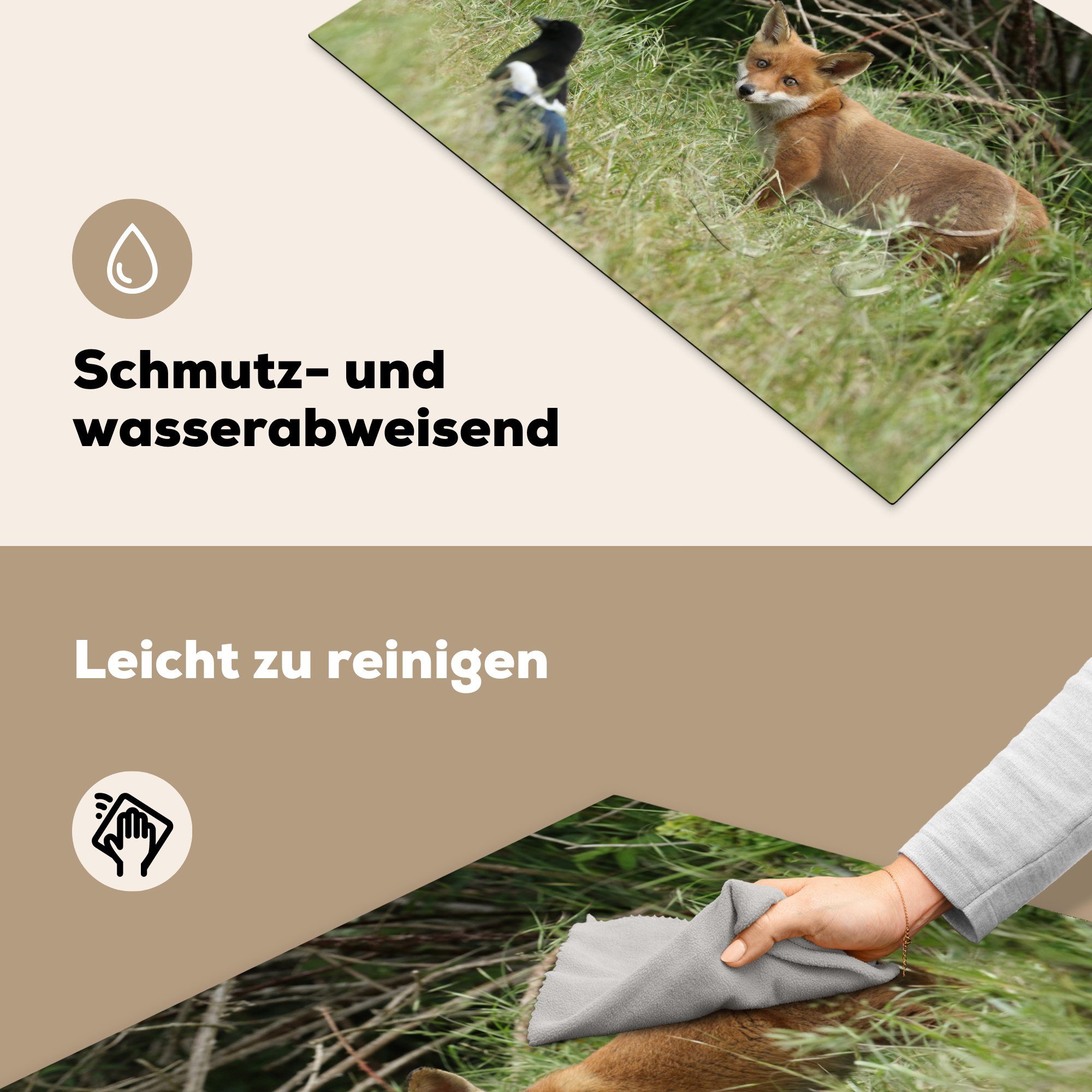 81x52 cm, Herdblende-/Abdeckplatte Induktionskochfeld für Schutz Tiere MuchoWow - (1 die tlg), Vinyl, Vogel Fuchs, küche, Ceranfeldabdeckung -