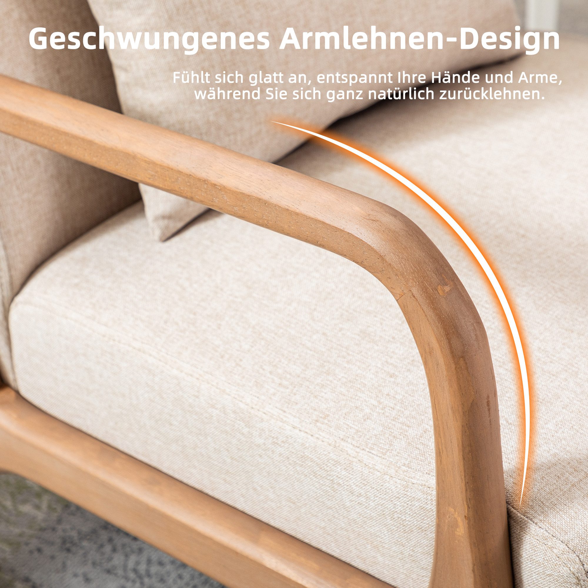 CANMOV Relaxsessel Accent Sessel mit Kissen, Loungesessel mit Armlehnen, Einzelsessel (1-St), Natürliches Holz, Liegestuhl mit Armlehne und Kissen, für Wohnzimm – Bild 4 von 5