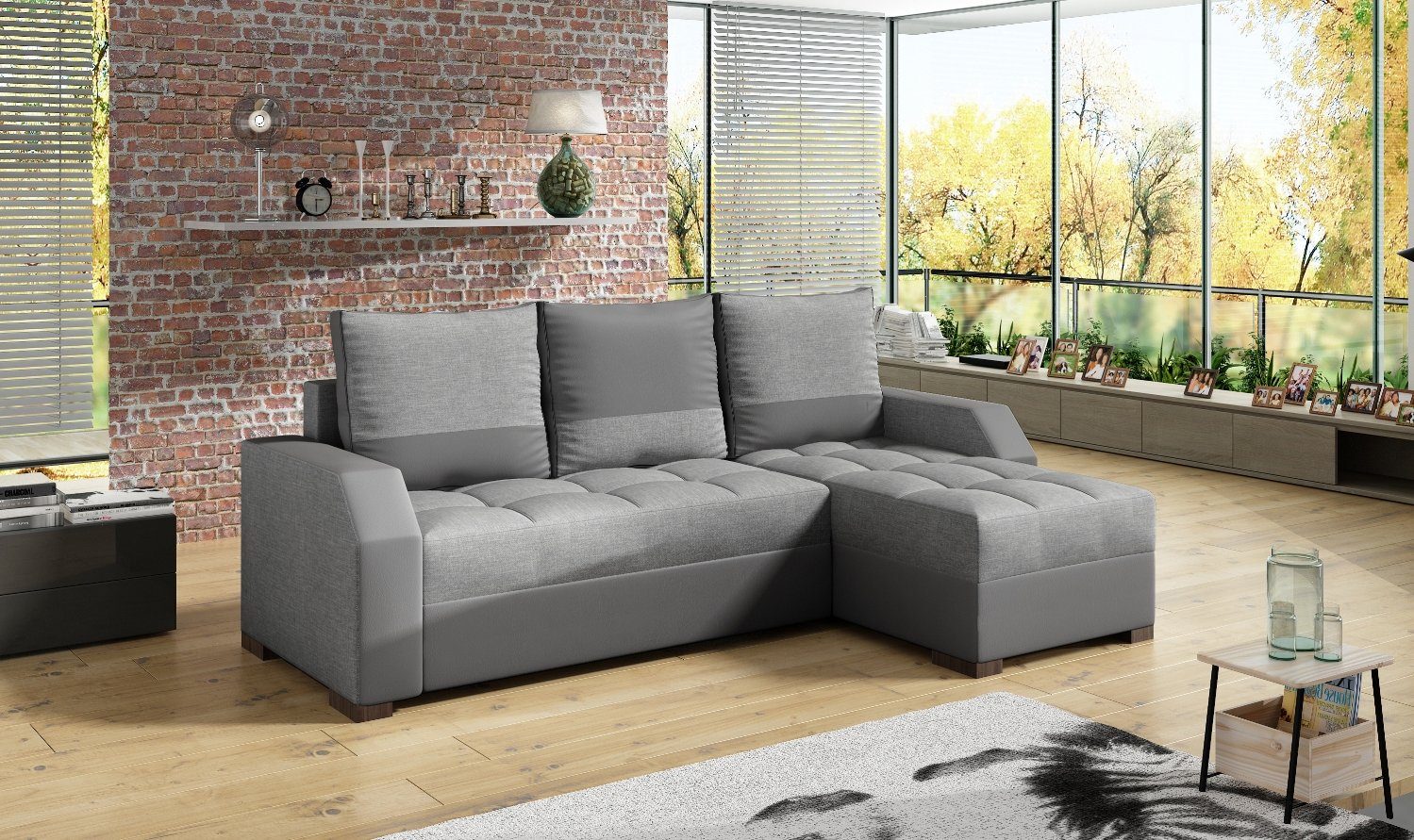 Sofas Ecksofa Leder JVmoebel Couch Grau Textil Bettfunktion Polster Design Couchen Ecksofa,