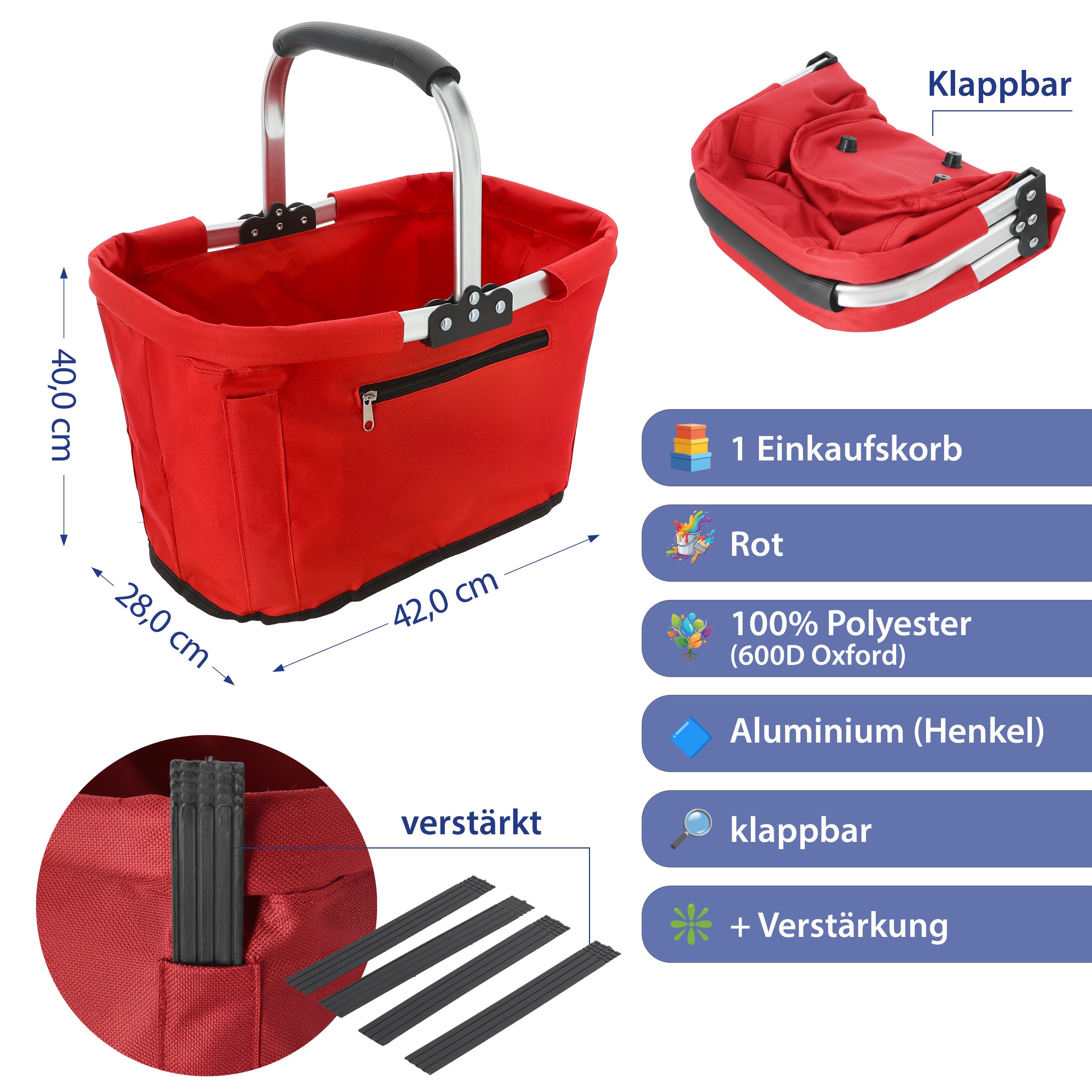 CEPEWA Einkaufskorb Einkaufskorb faltbar rot Alu Polyester 600D 42x40x28cm verstärkt Griff