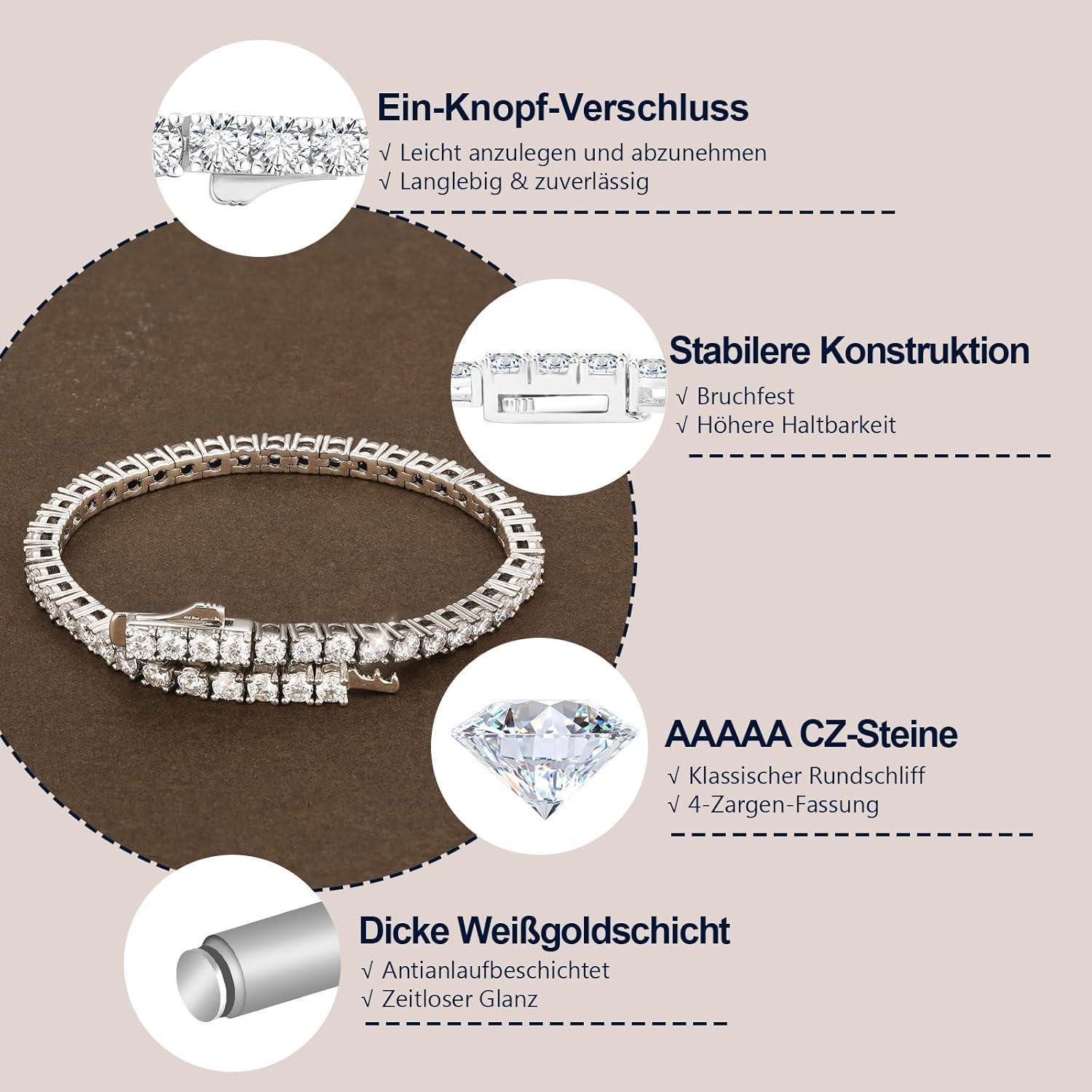 LuxusKollektion Tennisarmband Tennisarmband für Damen 14K Weißgold beschichtet Zirkonia Kristall