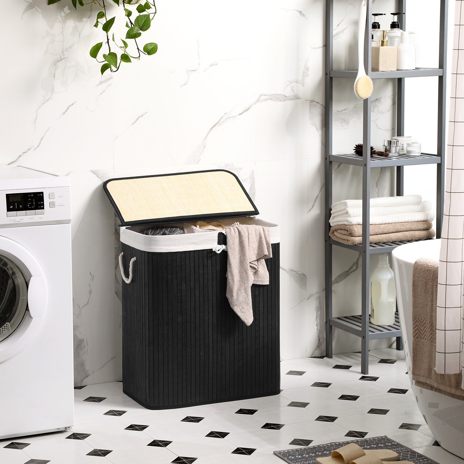 SONGMICS Wäschekorb 2 Fächer, 100 L Wäschesammler, faltbar, Waschküche, 52 x 32 x 61 cm, mit Deckel, Wäschebox Bambus, Wäschesack herausnehmbar, schwarz