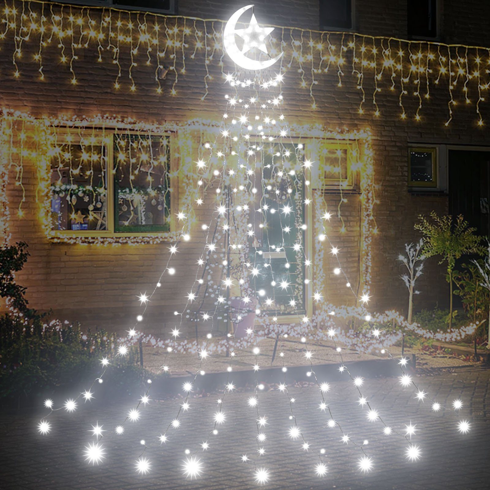 Wasserfall, Deko, Modi, Party Lichterkette Sunicol Weihnachtsbaum mit Garten Stern 8 Wasserdicht Außen Nachtlicht LED-Lichterkette Weiß Beleuchtung Timer