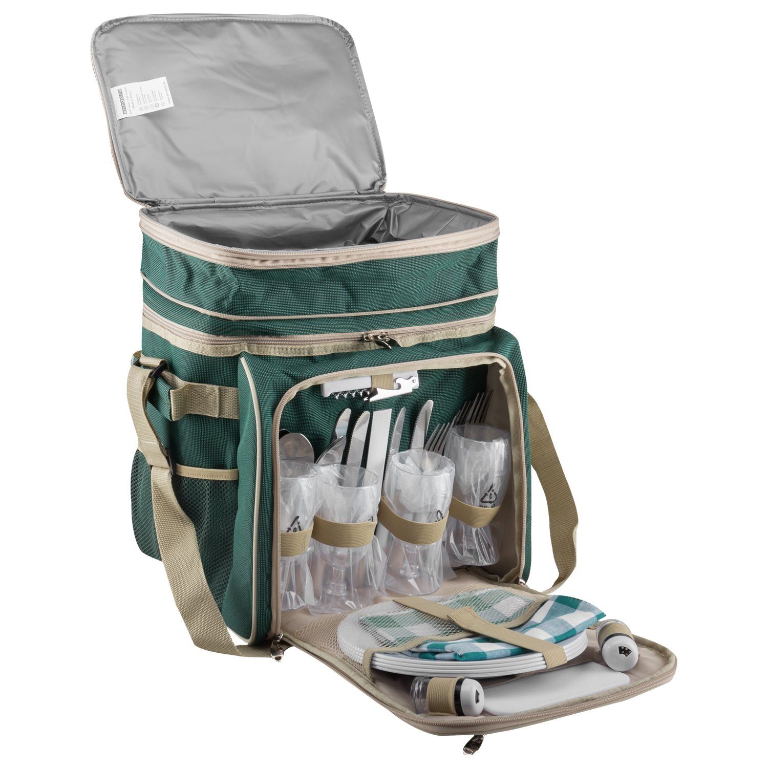 anndora Picknicktasche Umhängetasche Tragetasche + Zubehör 29-teilig, außenliegende Flaschenhalter - Austattung für 4 Personen