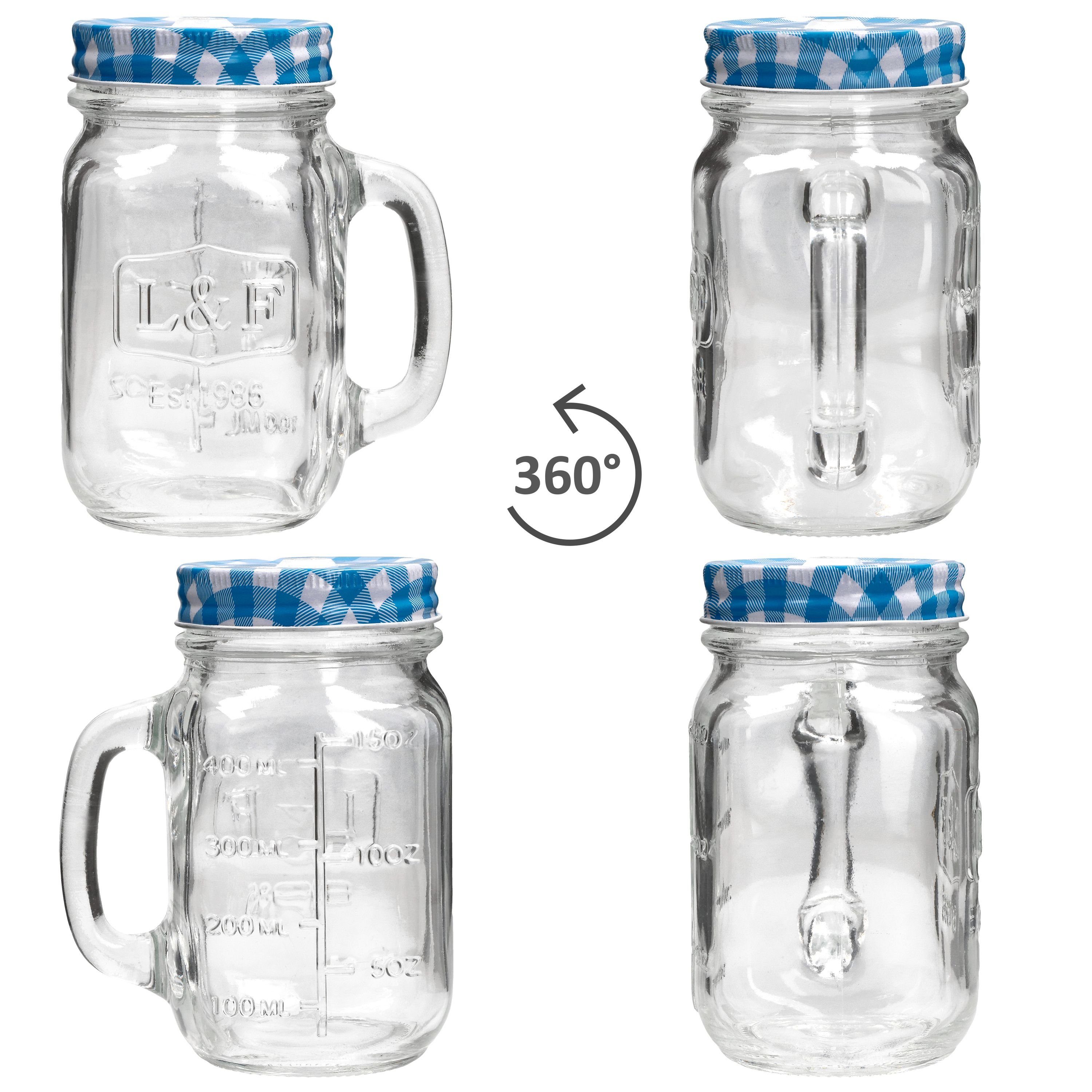 2er HIT Glasbecher 0,5L blau mit Henkel, Glas Glas Trinkhalm Trading und Set kariert, Deckel