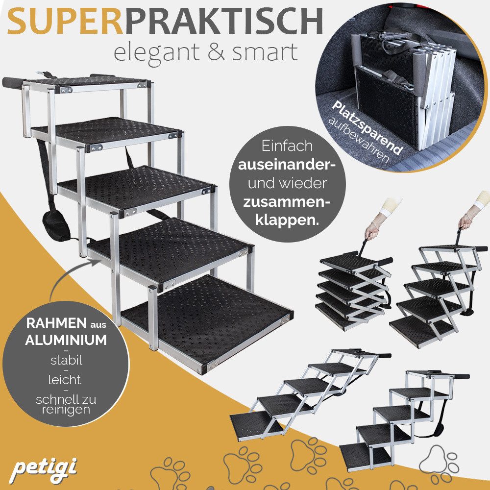 Petigi Hunderampe Hundetreppe Anti Rutsch Einstiegshilfe faltbar 5 Stufen Hundeleiter