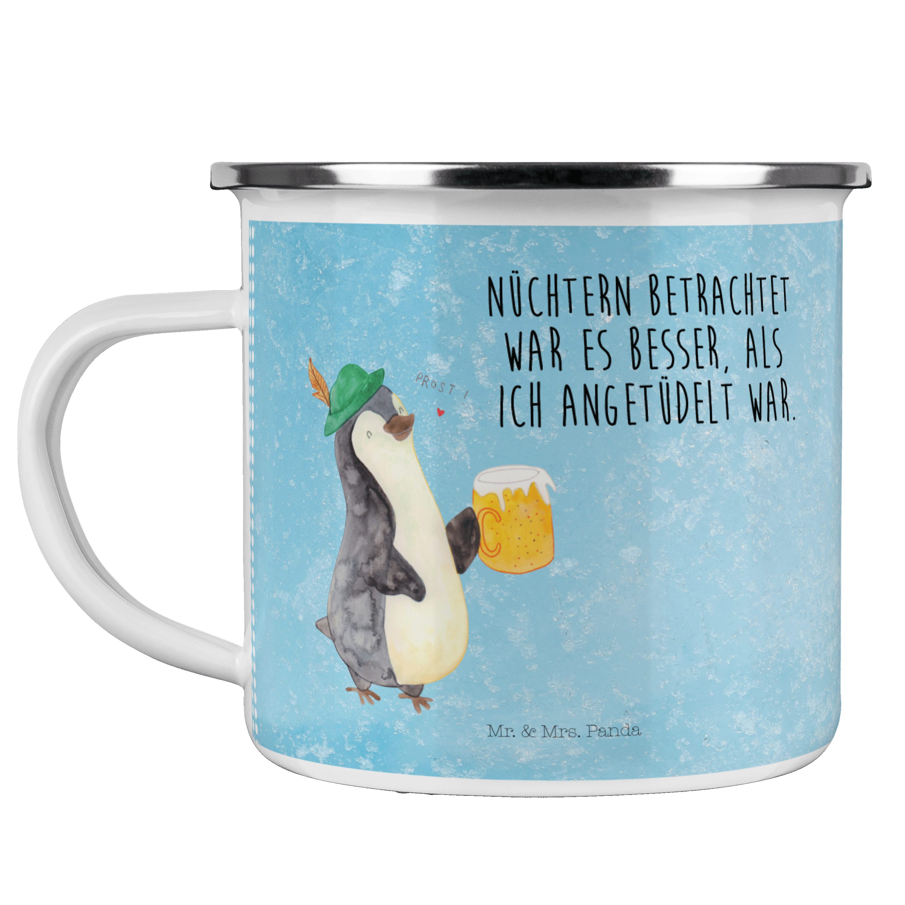 Mr. & Mrs. Panda Becher Pinguin Bier - Eisblau - Geschenk, Emaille Trinkbecher, Kaffee Blecht, Emaille