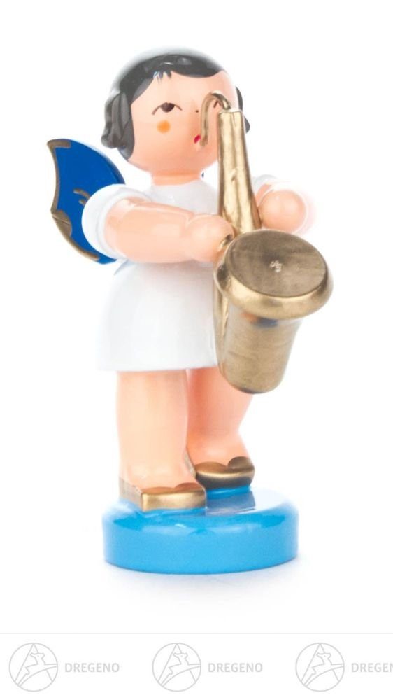 Dregeno Erzgebirge Engelfigur Engel mit Saxophon stehend, blaue Flügel Höhe ca 5,5 cm NEU