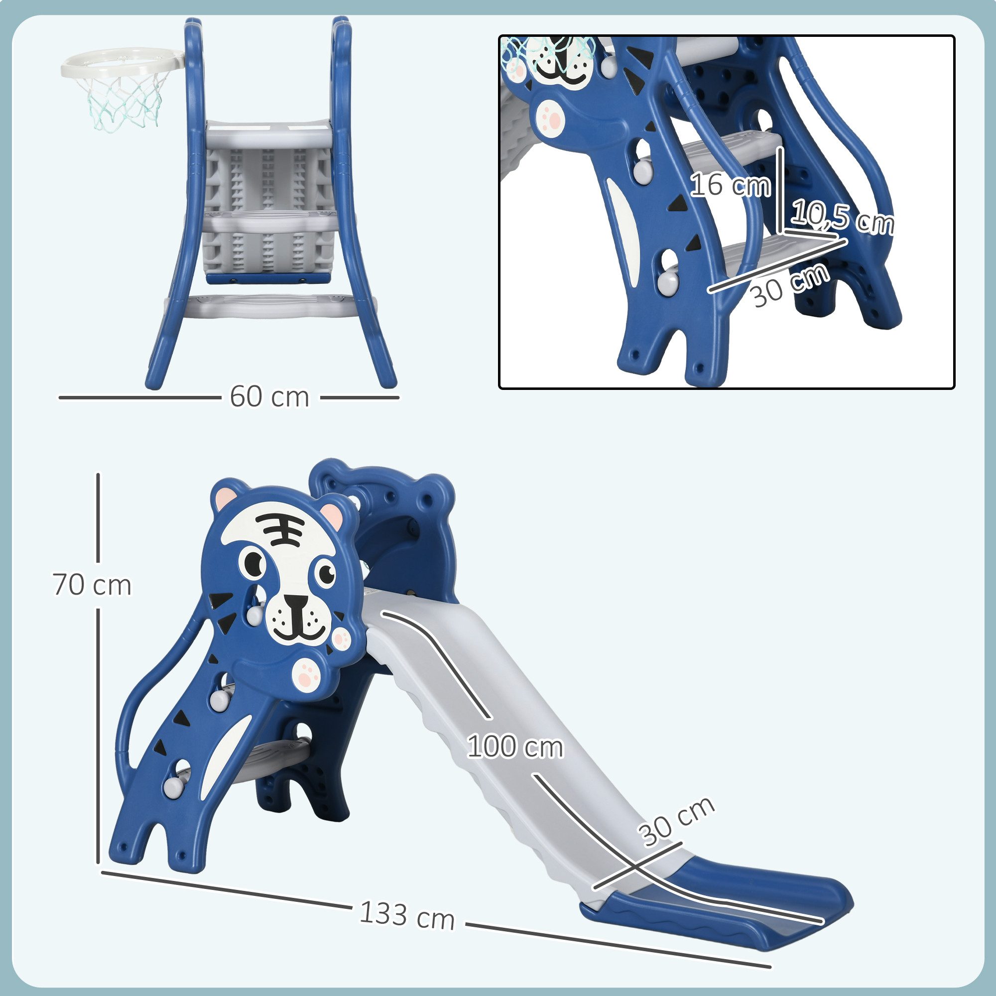 AIYAPLAY Rutsche 3 in 1 Kinderrutsche mit Klettergerüst Basketballkorb, (Set, 1-tlg., Kleinkindrutsche), für Kleinkinder 18-36 Monaten, Blau