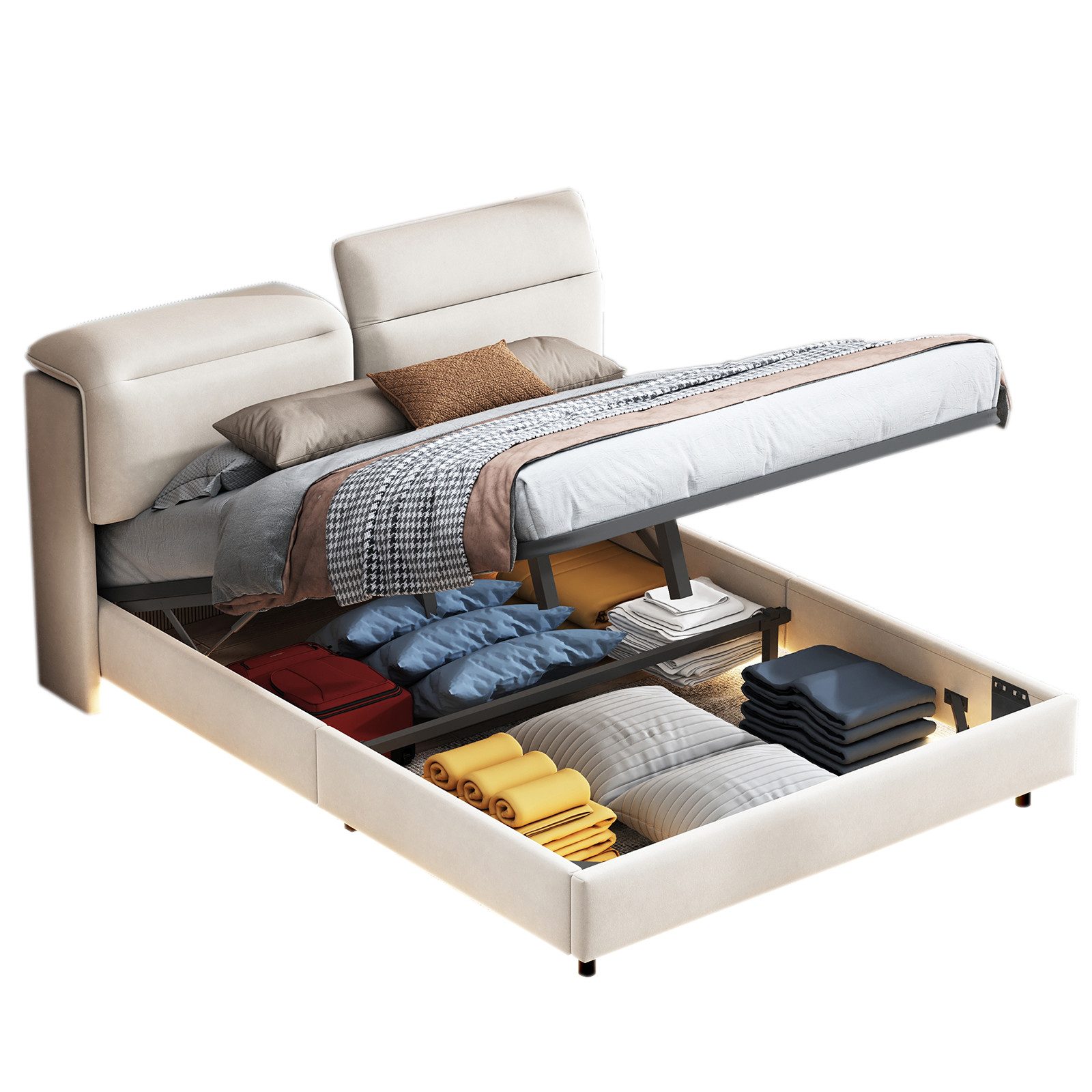 FUROKOY Stauraumbett Polsterbett Doppelbett mit LED-Beleuchtung günstig online kaufen
