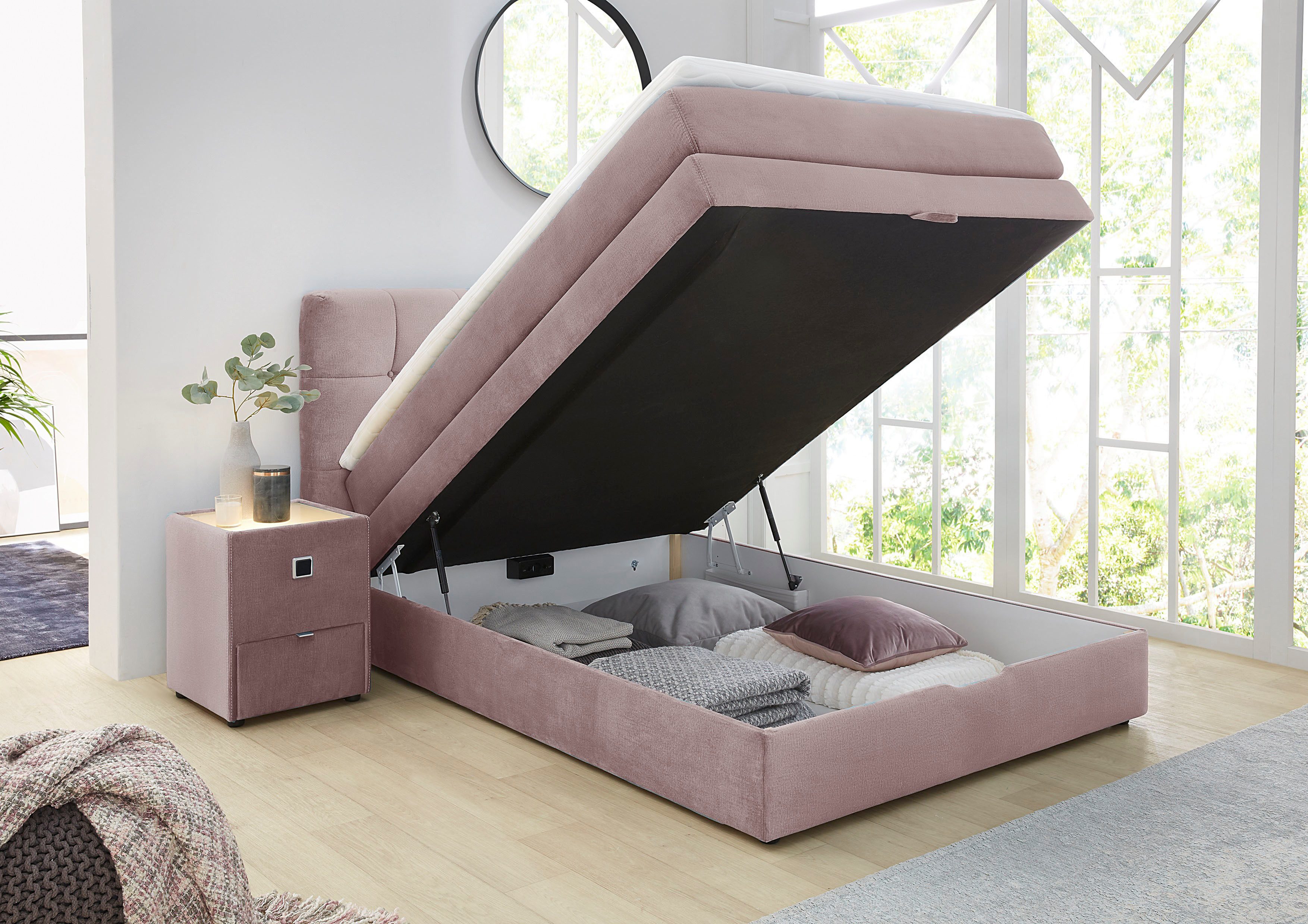 Jockenhöfer Gruppe Boxspringbett AMY in Samt, erhältlich in den Breiten 120cm & 140cm, mit Bettkasten und Topper