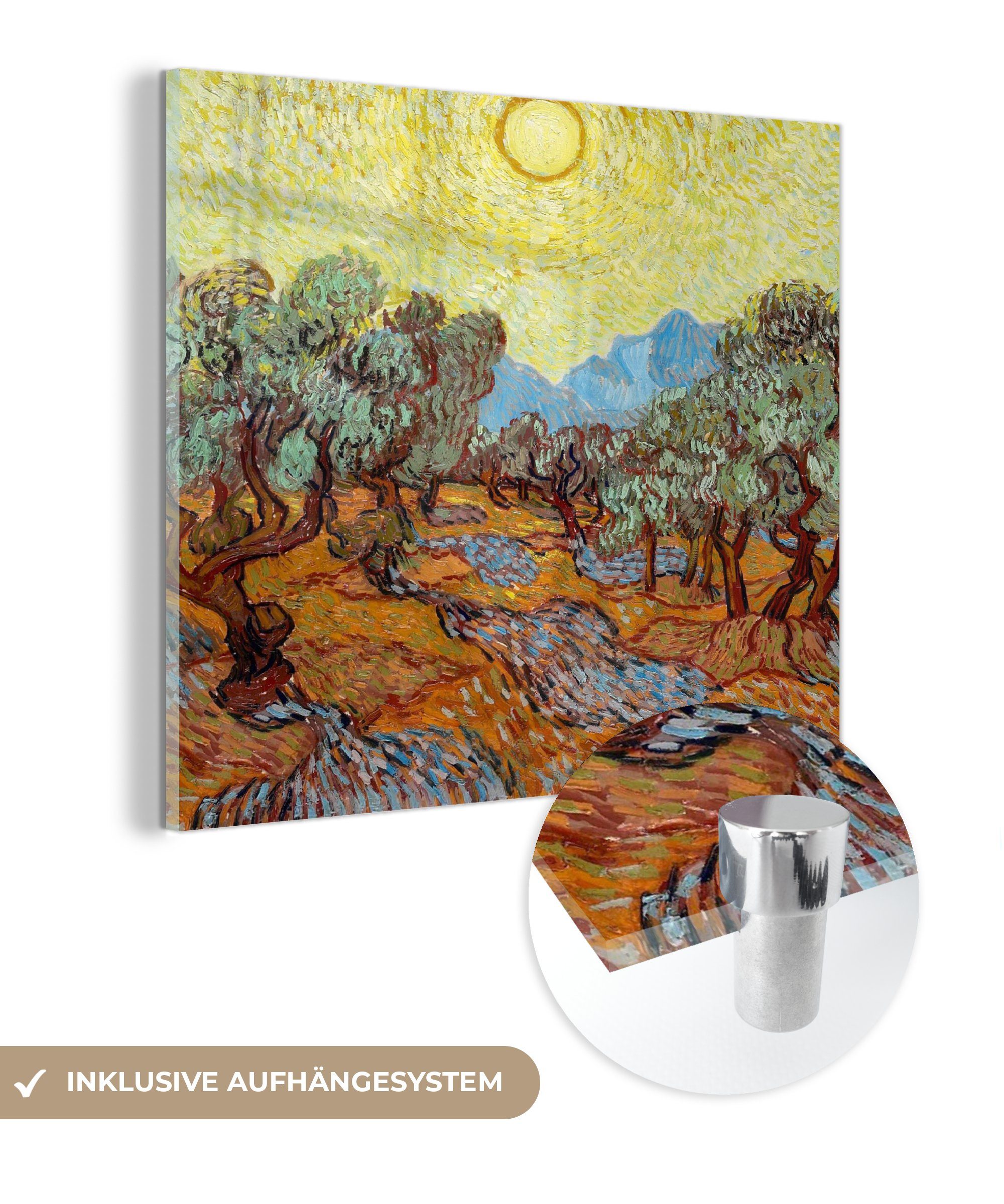 MuchoWow Acrylglasbild Olivenbäume mit gelbem Himmel und Sonne - Gemälde von Vincent van Gogh, (1 St), Glasbilder - Bilder auf Glas Wandbild - Foto auf Glas - Wanddekoration