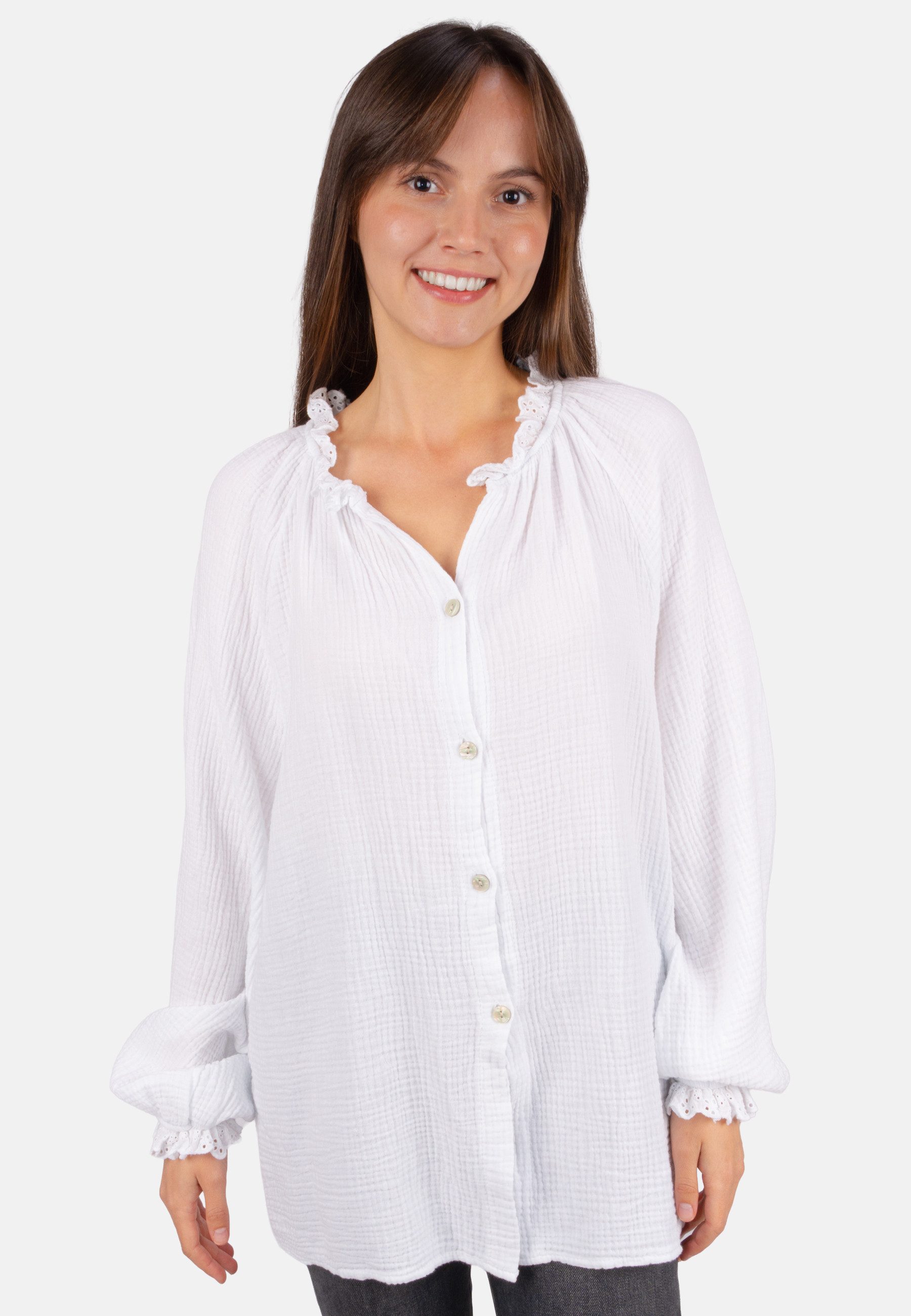 Seasons of April Hemdbluse CLOE MUSSELIN OVERSIZED Musselinbluse Damen Oversized Baumwolle mit Spitze, Cloe One Size