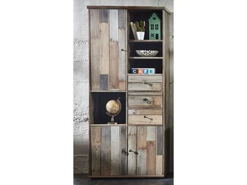 möbelando Hochschrank Britta Schrank aus Spanplatte foliert in Driftwood Nachbildung mit 3 Holztüren, 3 Schubkästen, 4 offene Fächer und 6 höhenverstellbare Einlegeböden, Griffe aus Zinkdruckguss in Antik-Optik. Breite 83 cm, Höhe 189 cm, Tiefe 39 cm.