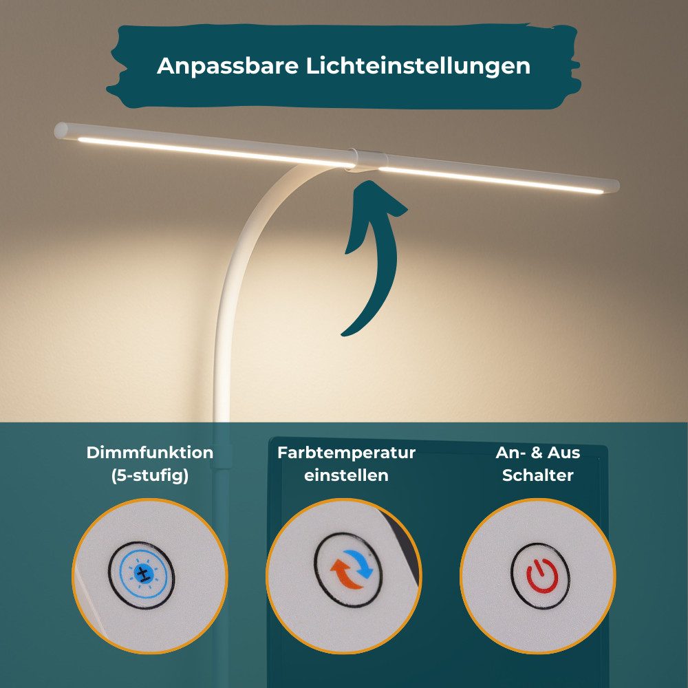 LUXULA LED Schreibtischlampe 80cm dimmbare Doppelkopf Klemmleuchte, LED, warmweiß, neutralweiß, kaltweiß