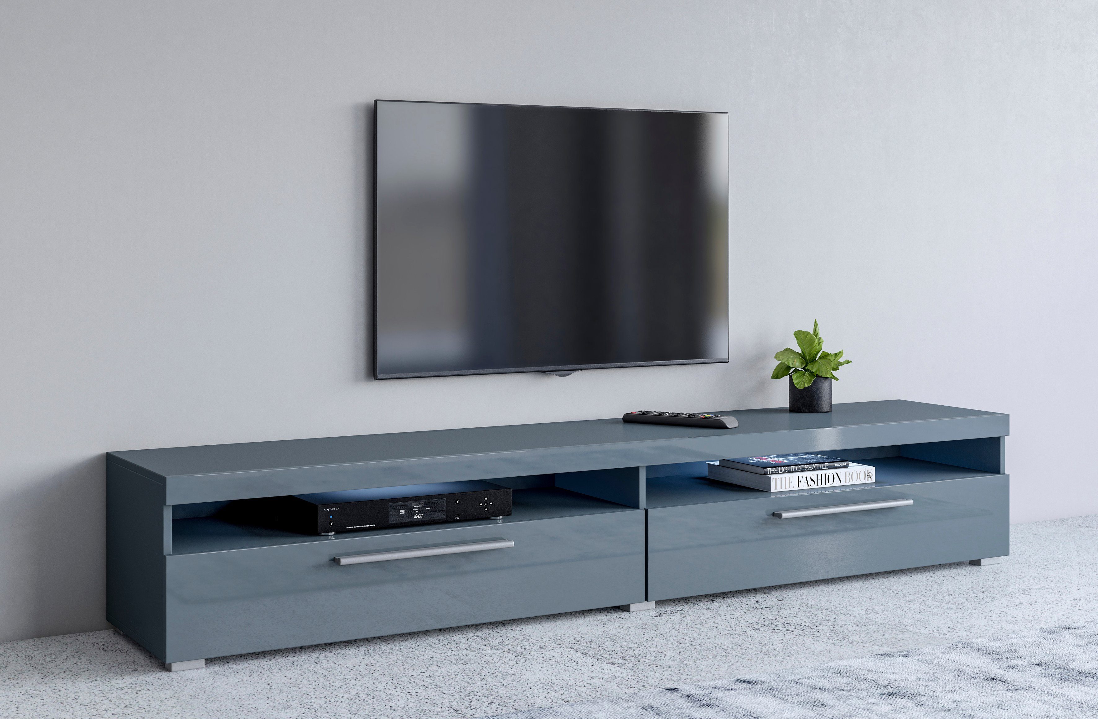 Lowboard India,Breite 200 cm, stilvolle Fernsehschrank mit offenen Fächern
