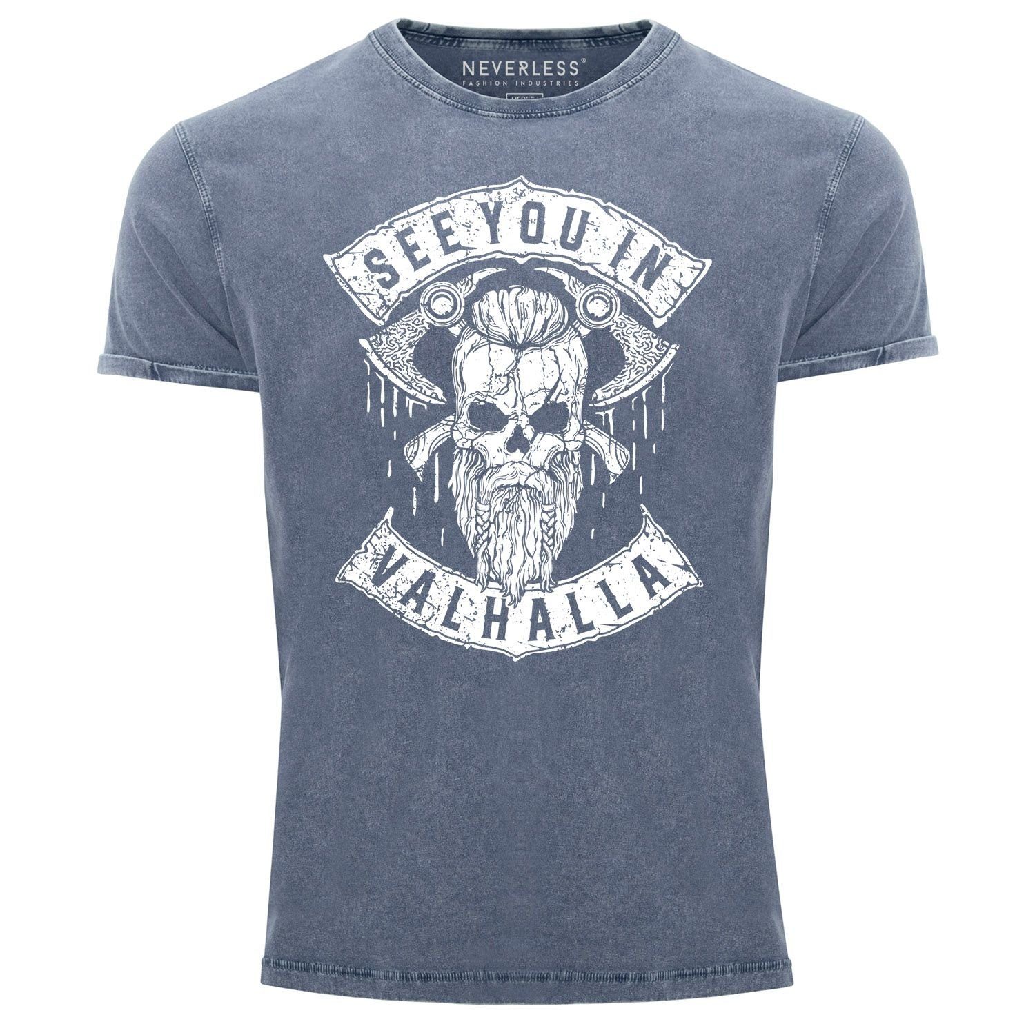 Neverless Print-Shirt Herren Vintage Shirt See You in Valhalla Wikinger Totenkopf Skull Printshirt T-Shirt Aufdruck Used Look Neverless® mit Print blau