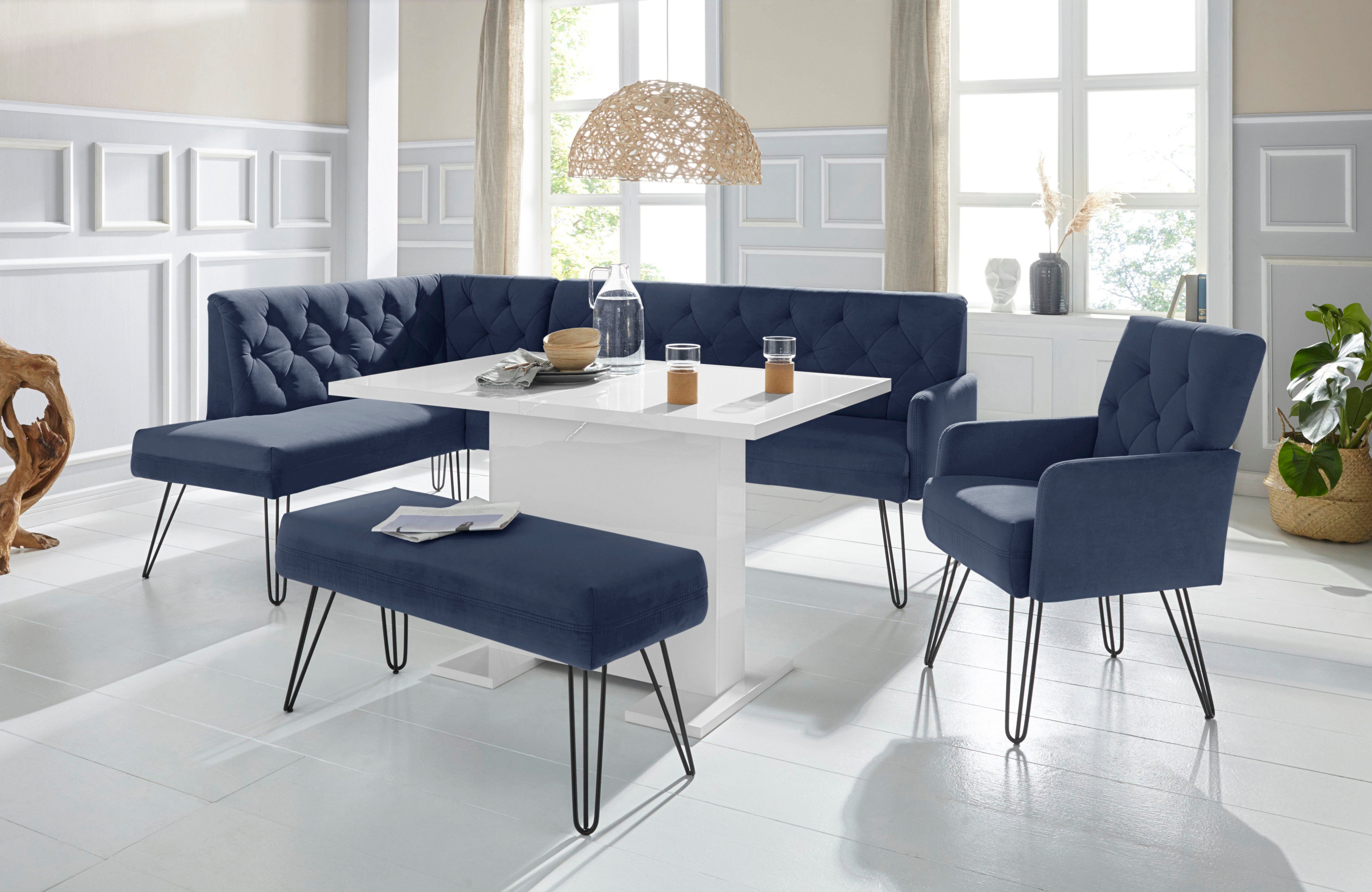 exxpo - sofa fashion Eckbank Doppio, Chesterfield Optik, komfortabel und bequem, hohe Designfüße, Frei im Raum stellbar
