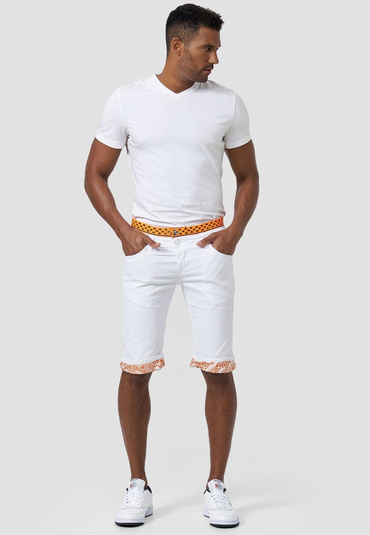 Hose Jeansshorts in Shorts Jeans Pants Stretch Bermuda 3306 Weiß-Orange Kurze Capri (1-tlg) 3/4 Jaylvis