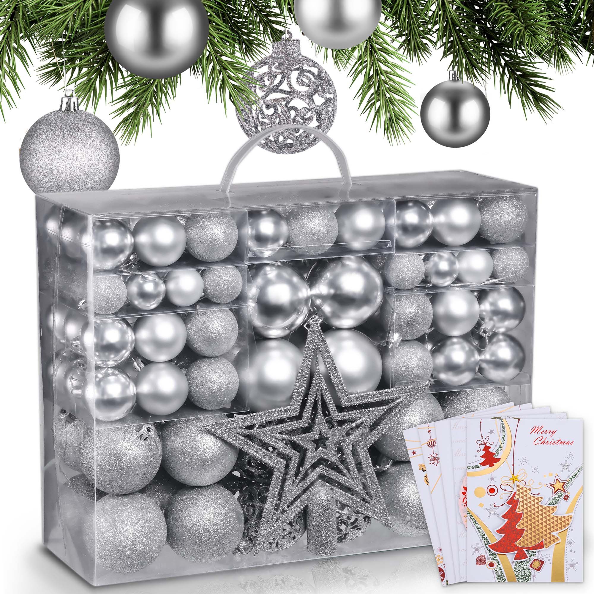 Onbest Weihnachtsbaumkugel Weihnachtskugeln 128-teiliges Set PLUS 5x Karten & 1x Baumspitze, in 3 Größen, 3 Designs, Weihnachtsschmuck Weihnachtsdeko