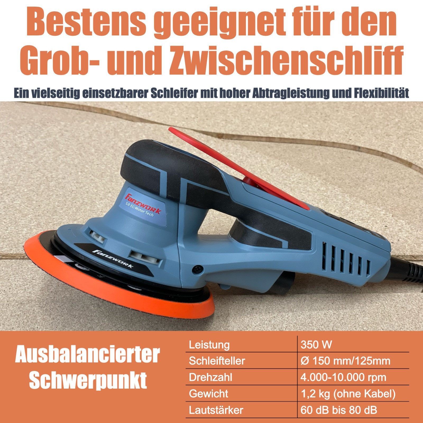 Fanzwork Exzenterschleifer 350W bürstenlosen Motor mit 125mm/150mm Schleifteller, 5mm Schleifhub, Vibrationsarm und wartungsfrei – Bild 4 von 5